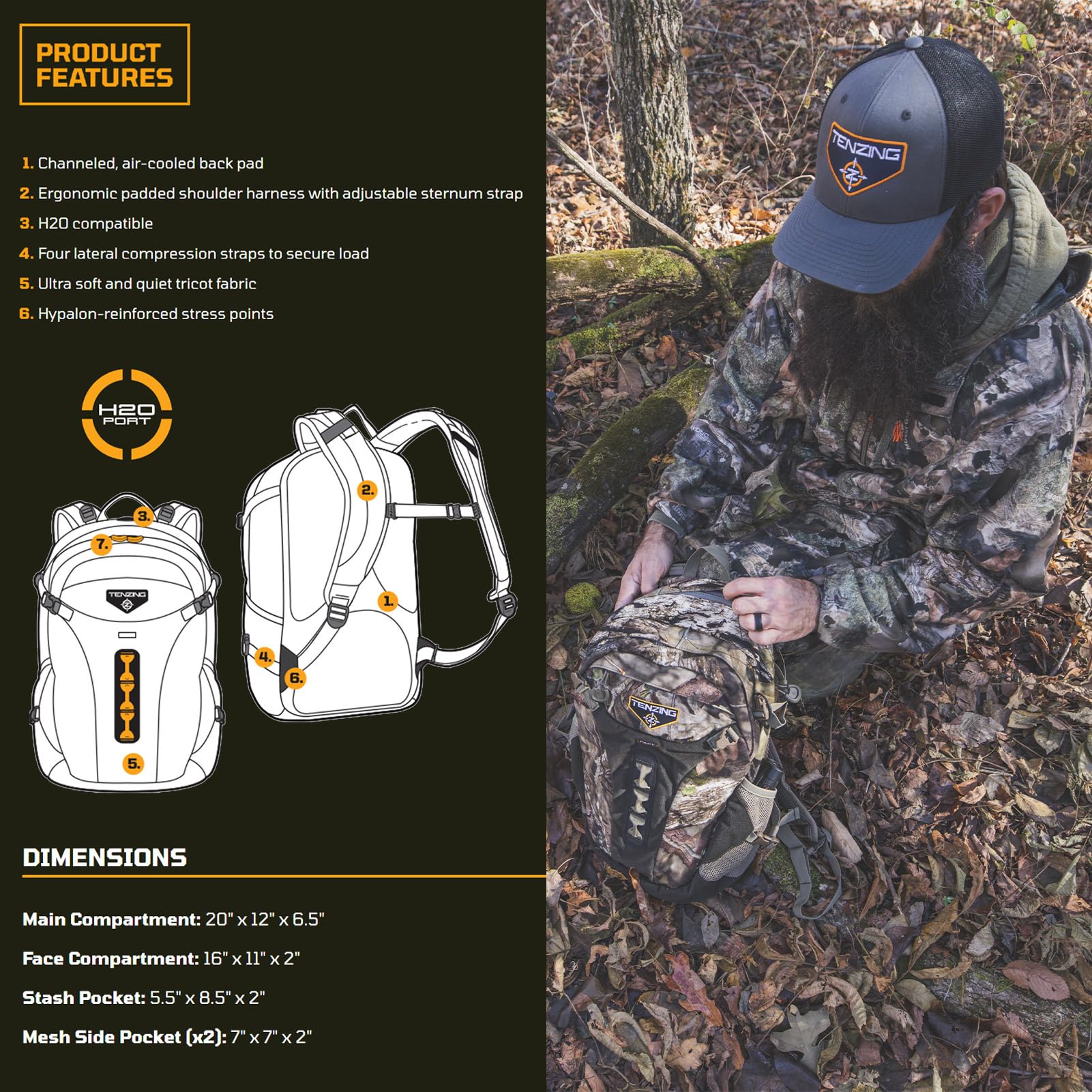 TENZING Day Pack Pace, Mossy Oak Break-Up Country, 1,600-Cubic-Inch Low-Profile Ultra Soft Quiet Durable Hunting Backpack with Multiple Pockets & Water Reservoir Compartment