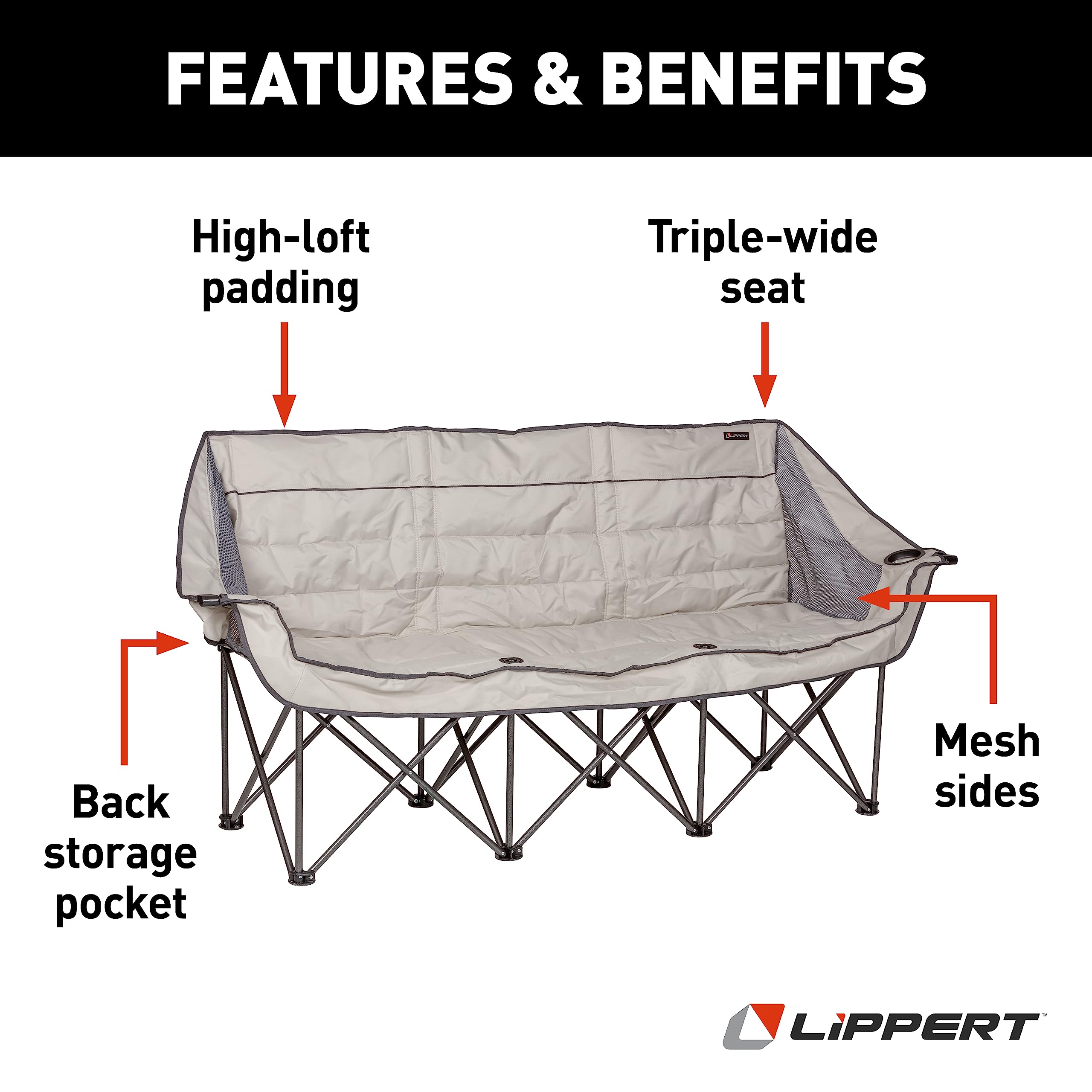 Lippert Folding Campfire Couch - Sand, High-Loft, Foldable Sofa, Dual Cup Holders, Power Coated Steel Frame, Durable 600D Polyester Fabric for Outdoor Use, 500 lb. Capacity, 2022114795