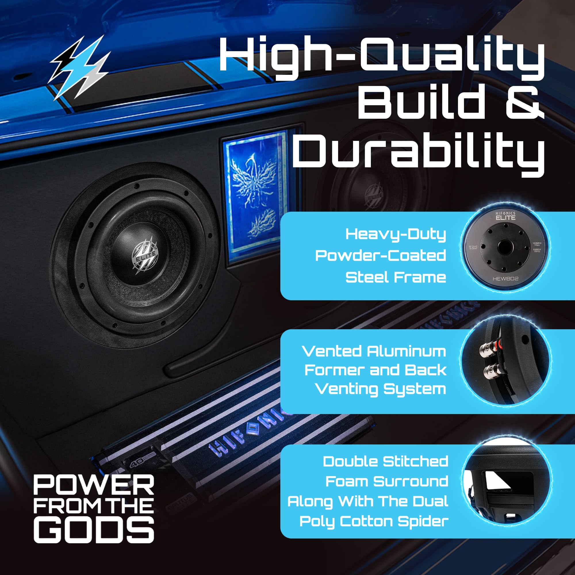 8 Inch Hifonics Elite Car Mount Subwoofer with Dual 2 Ohm Voice Coil Speaker 1200 Watt Peak Power Mobile Amplifier System, Black