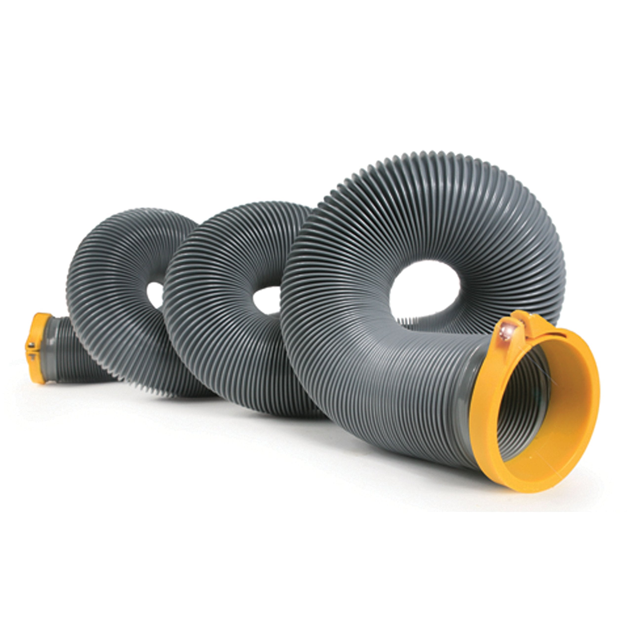 Camco High Tensile Strength Durable Vinyl Sewer Hose with Steel Wire Core and Self Clamping Fittings – 15’ Hose, Great for Year Round RVing Compresses to 34” for Simple and Easy Storage, Gray (39901)