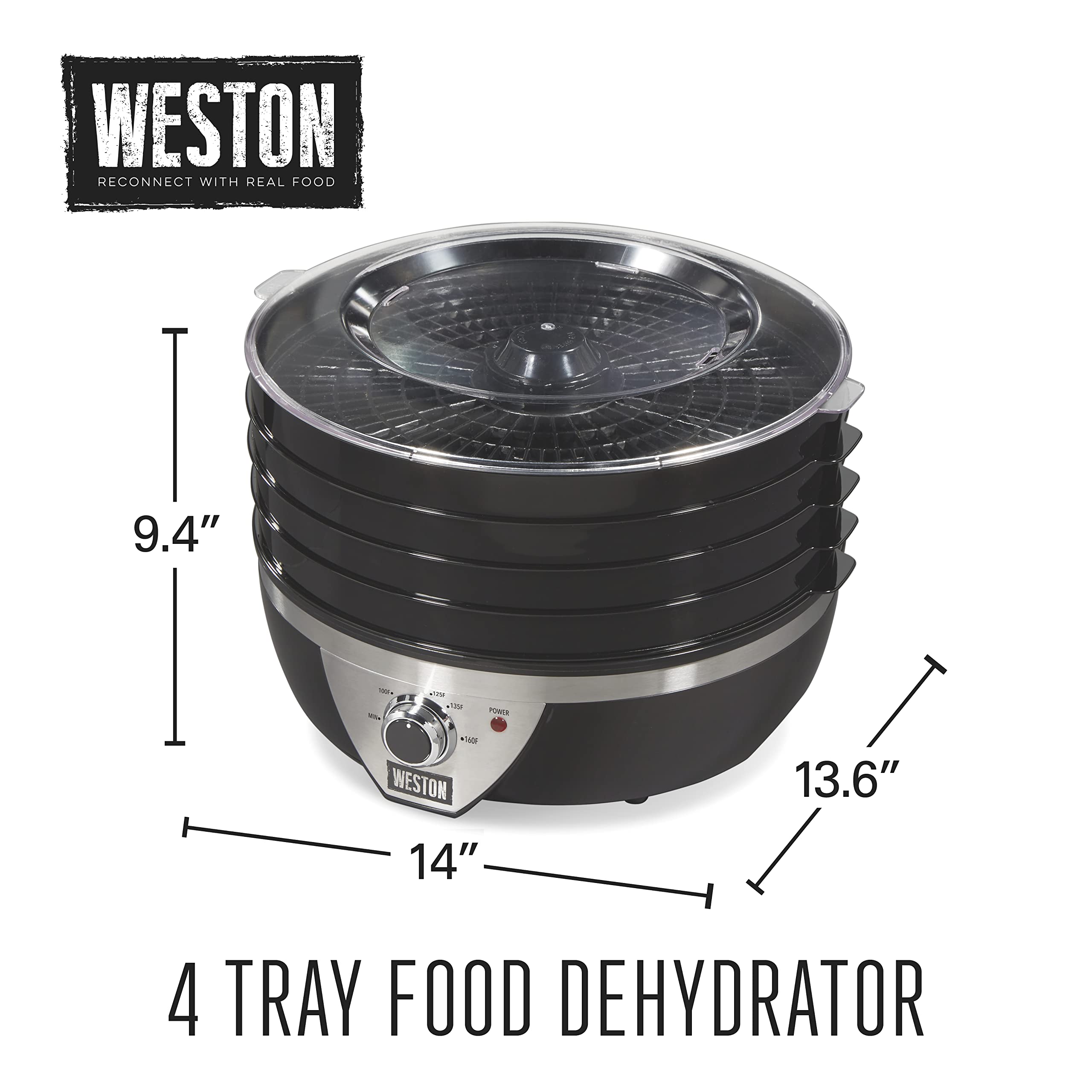 Weston Dehydrator Food Machine for Jerky, Fruit, Meat, Herbs, Vegetables, with Temperature Control (100-160F), 4 Stackable Trays (3 Sq. Ft.), Black & Stainless Steel Accents (75-0640-W)
