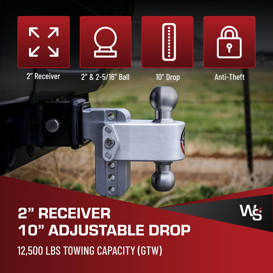 Weigh Safe Adjustable Hitch Trailer Ball Mount, 10" Adjustable Drop Hitch for 2" Receiver w/ 2 pc Keyed Alike Lock Set, Heavy Duty Aluminum Trailer Tow Hitch w/Stainless Steel Tow Balls, 12,500 GTW