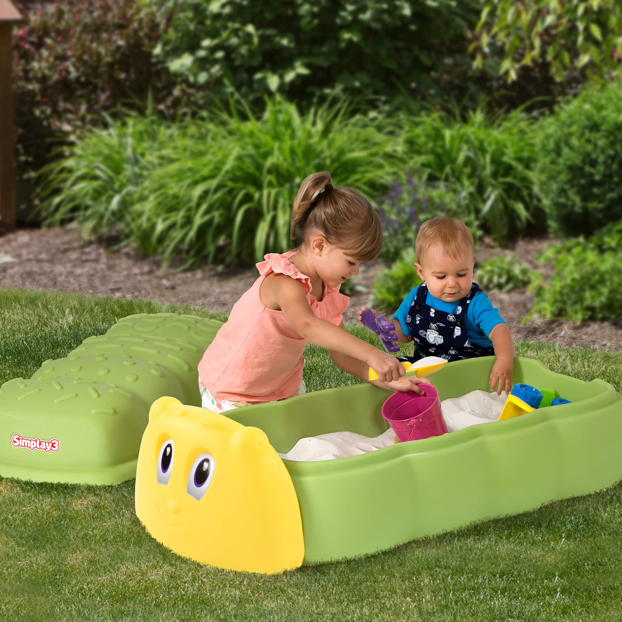 Caterpillar Sandbox - Green Kids Plastic Sandbox with Lid for Outdoor Play and Indoor Sensory Play
