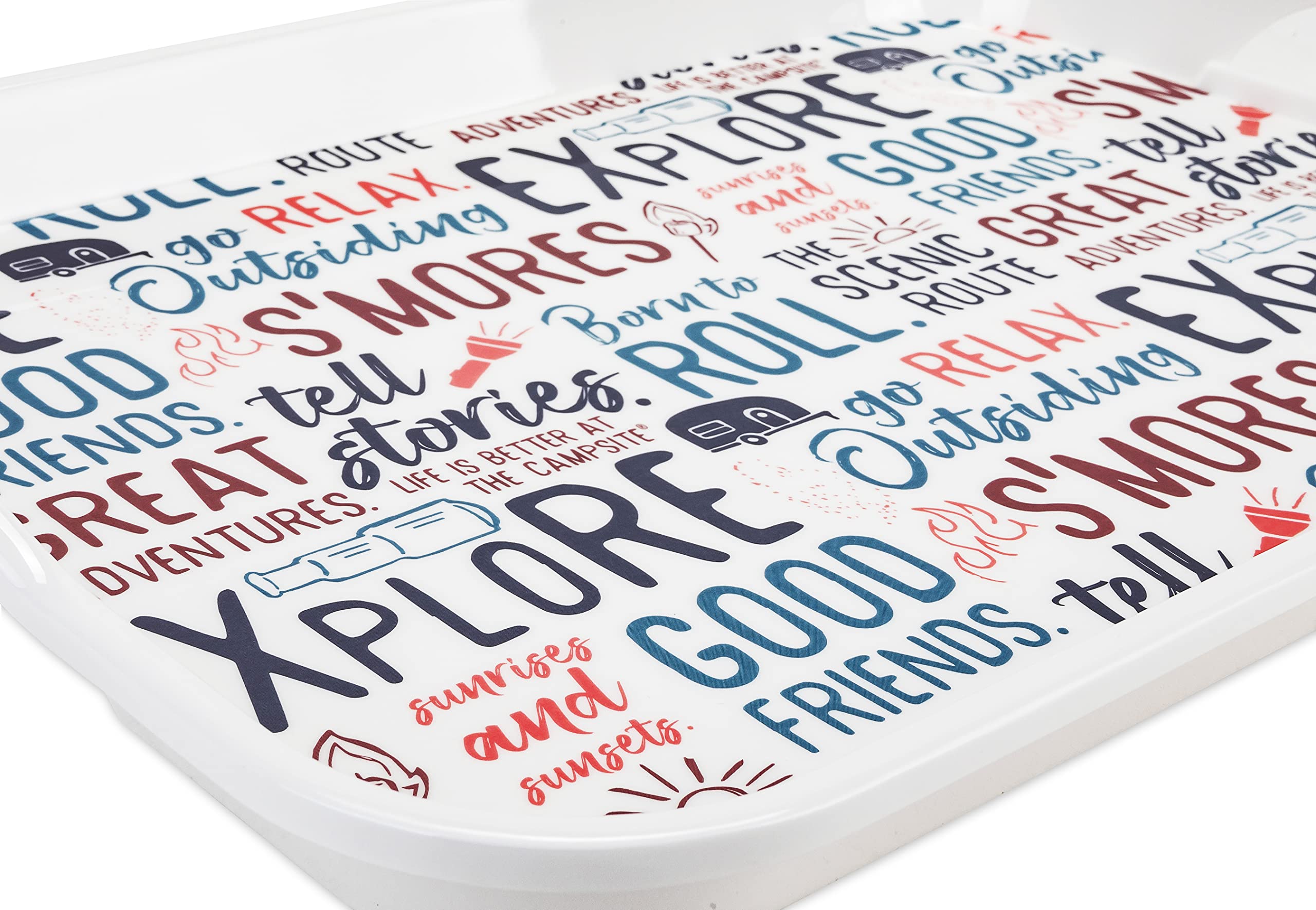 Camco Melamine RV Serving Tray is Better at the Campsite Life - Features Camping/RV Themed Design - Great for Kitchen Prep, Picnics, Grilling, and More - Serving Platter is Dishwasher Safe (53486)