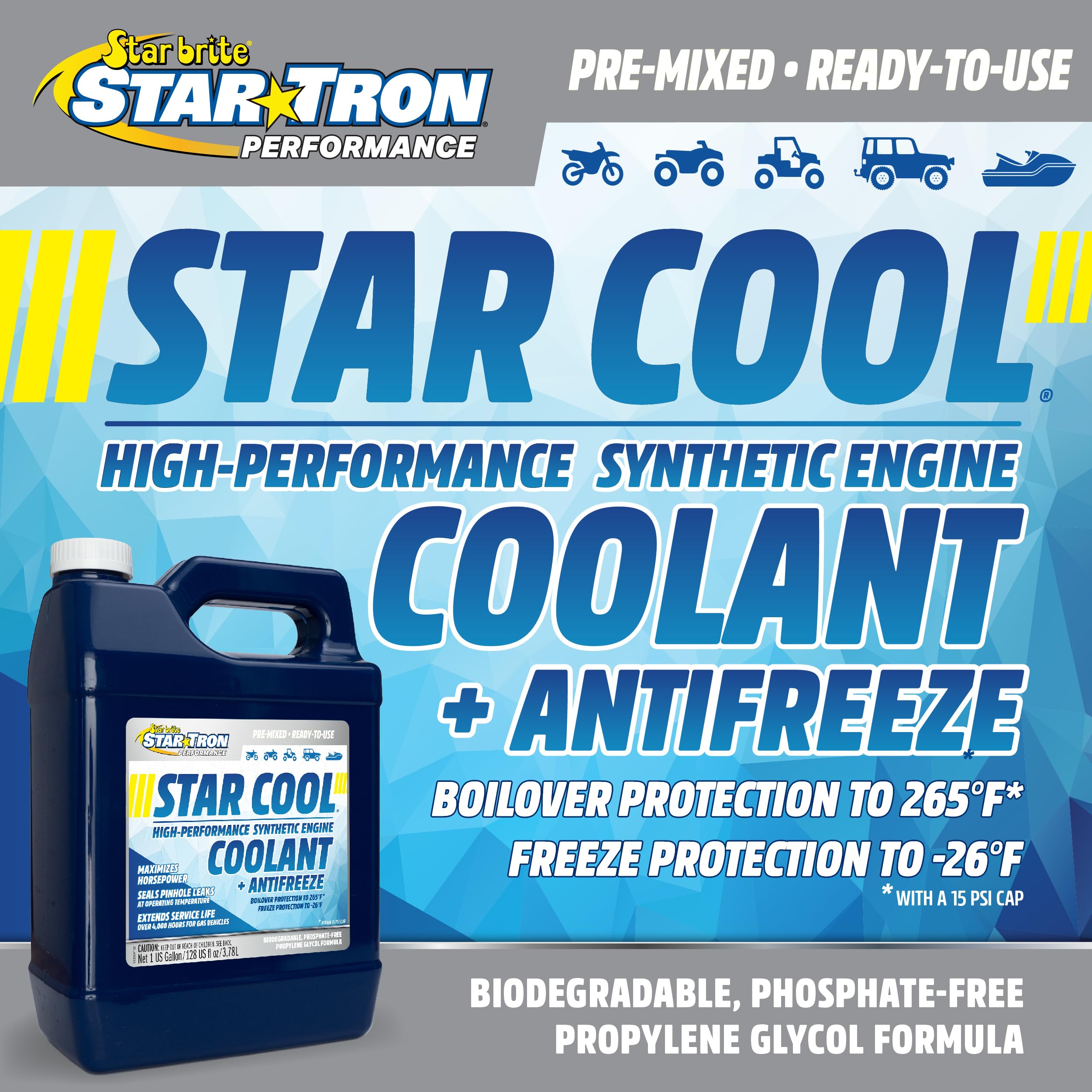 Star Tron Premium Synthetic PG Engine Coolant + Antifreeze Star-Cool - Propylene Glycol for Engines, Motorcycles, Snowmobiles & Marine - 1 GAL (033200)