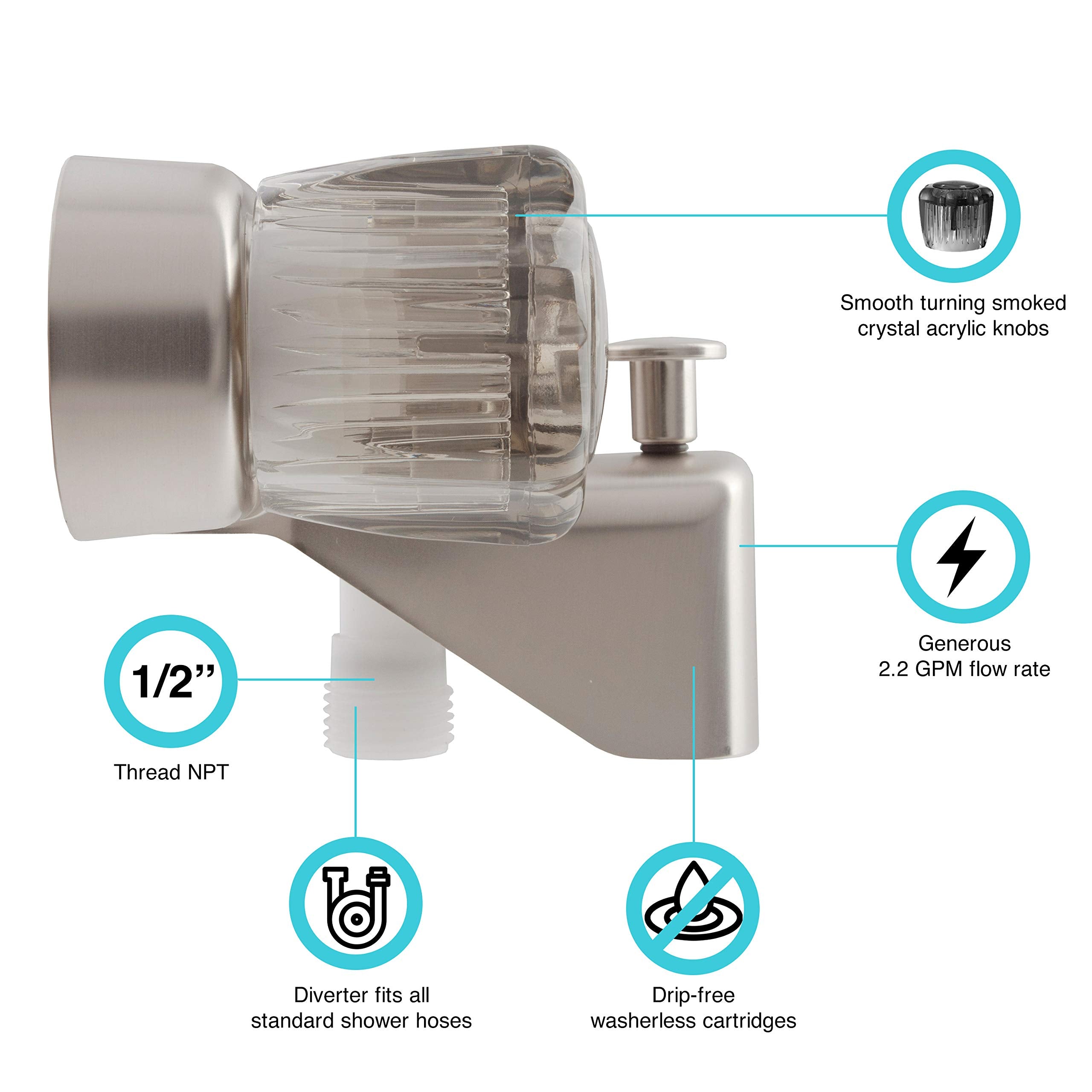 Dura Faucet RV Tub & Shower Faucet Valve Diverter DF-SA110S-SN with Smoked Acrylic Knobs (Brushed Satin Nickel)