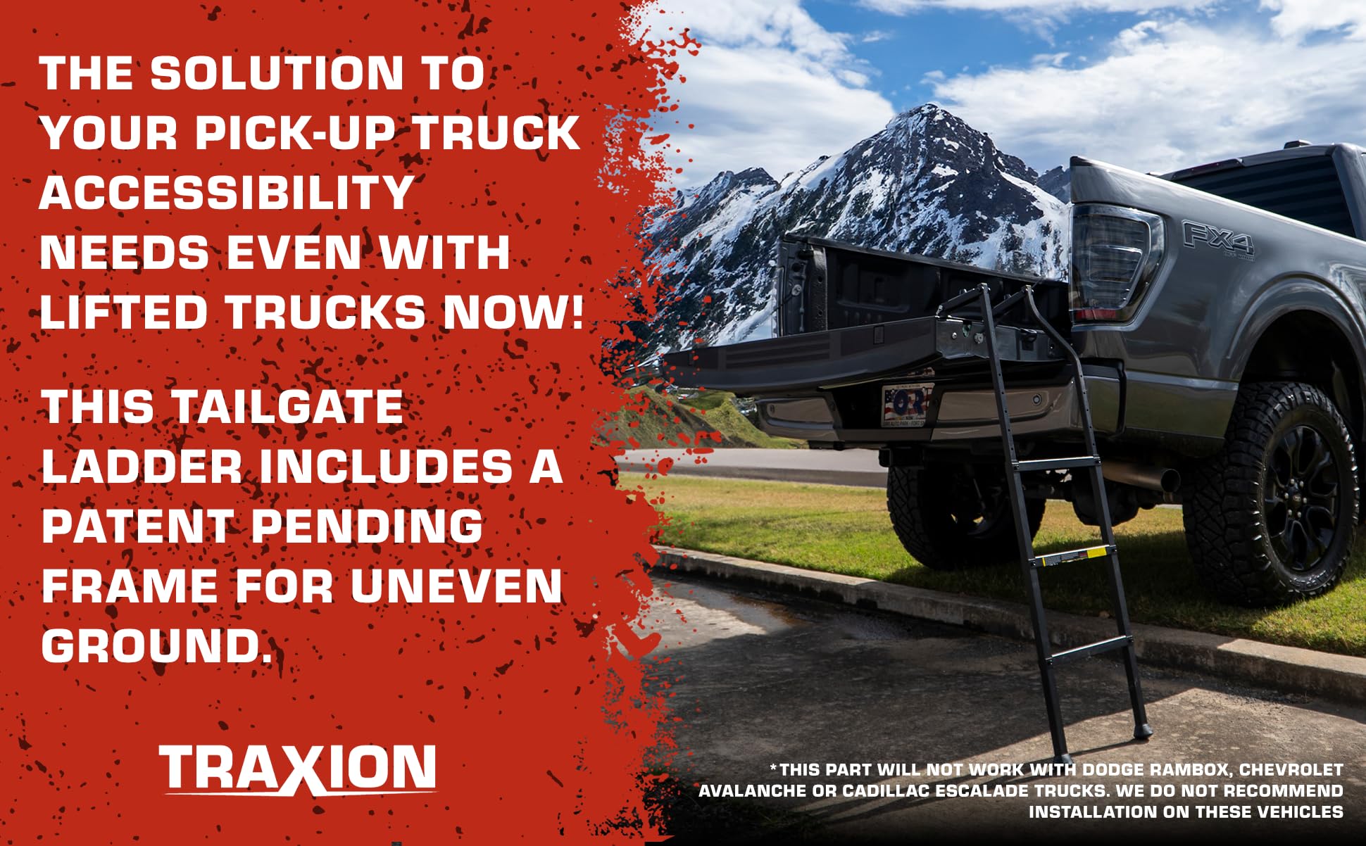 Traxion Tailgate New Ladder XL for All Trucks Including Lifted Trucks up to 50" Tailgate with articulating Patent Pending Frame for Uneven Ground.