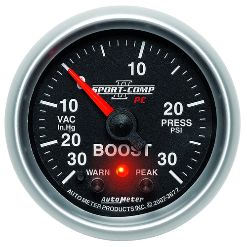 Auto Meter 3677 Full Sweep Electric Vacuum/Boost Gauge Sport-Comp II PC 2-1/16" 30 in. Hg/30 PSI Peak and Warn with Electronic Control