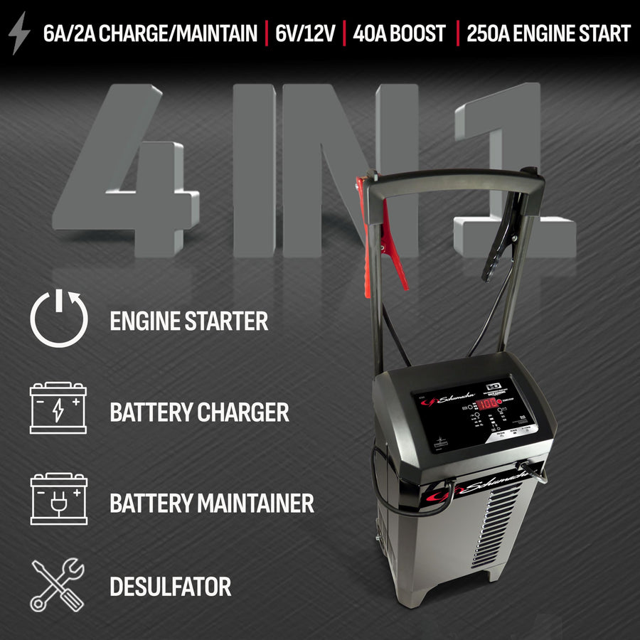 Schumacher Electric Automatic Wheeled 6A Car Battery Charger and 250A Engine Starter, 6-in-1 Solution, Maintainer, 40A Boost, for 6V/12V Power Sport, Automotive, and Marine Batteries, SC1325