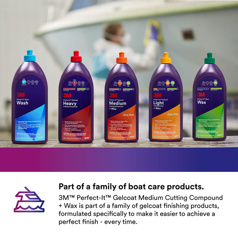 3M Perfect-It Medium Cutting Compound Gelcoat + Wax, 36106, 1 Quart, One-Step Process, P1500 and Finer Scratches, Fiberglass Oxidation Remover for Boats and RVs