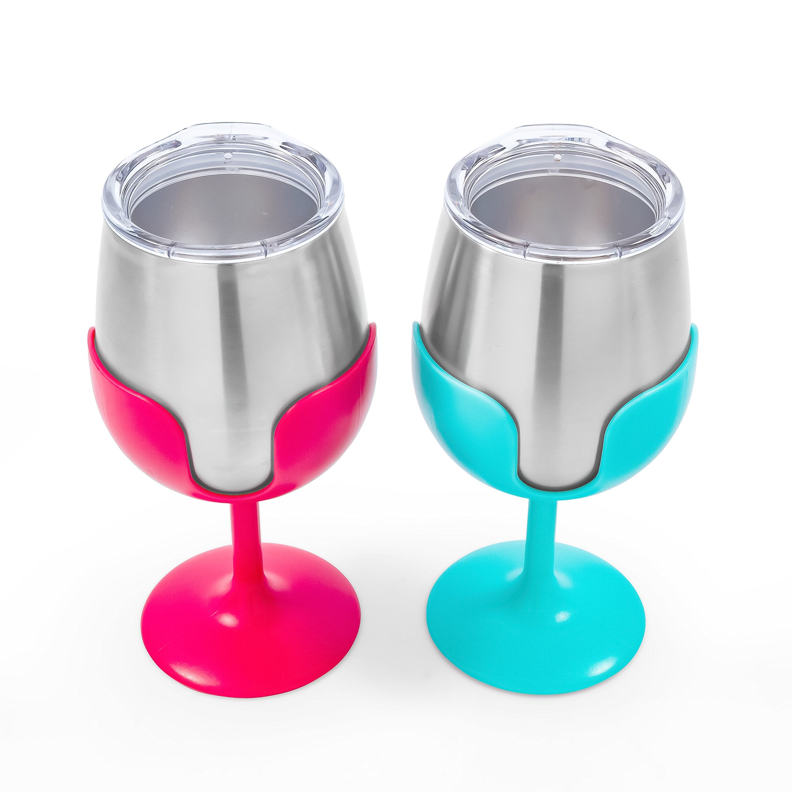8 oz Wine Tumbler Camco Life is Better at The Campsite 2 Pack - Heavy Duty Double Wall Vacuum Insulation - Crafted of 18/8 Stainless Steel - Features Removable Blue & Pink Stems (51915)
