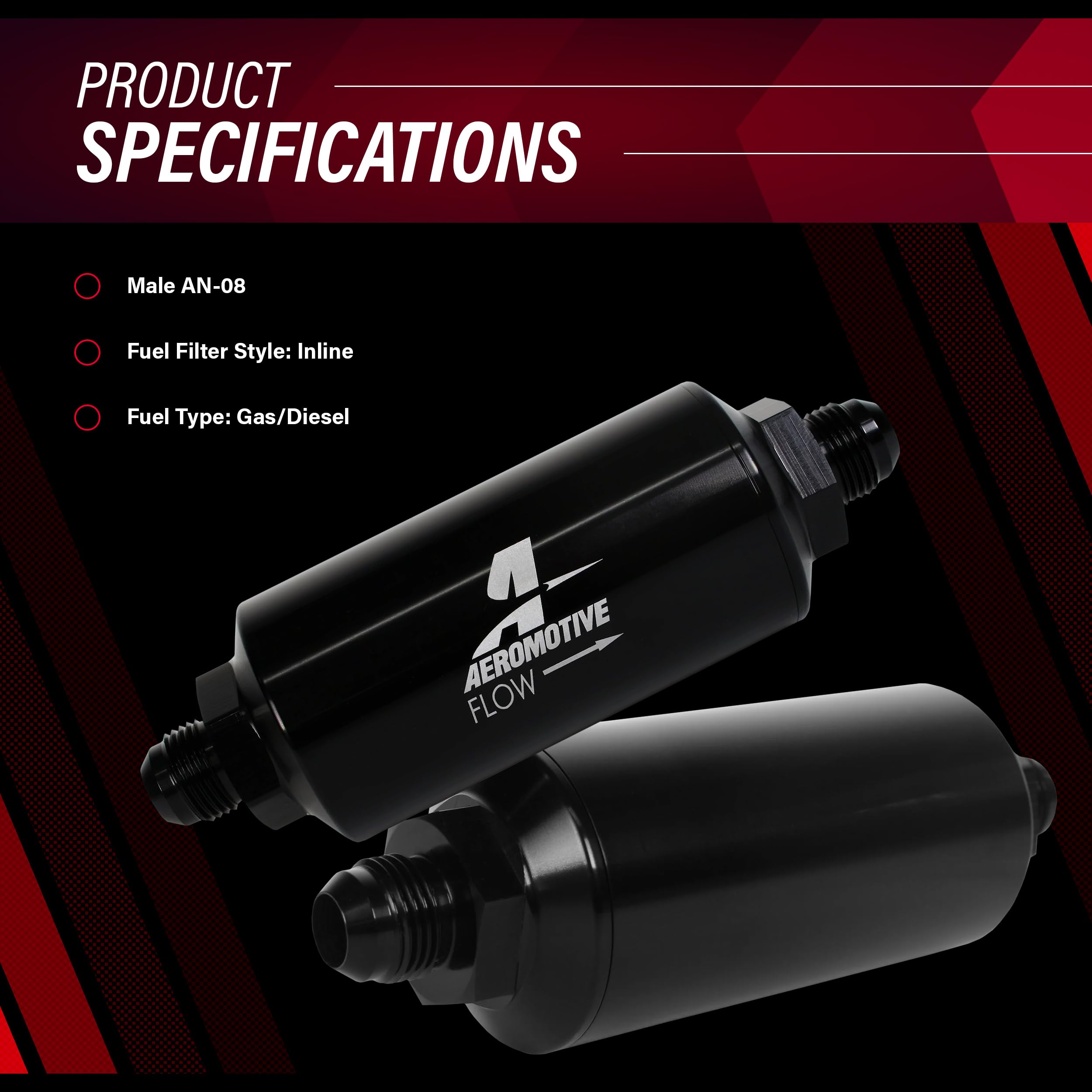 Inline Fuel Filter Element Aeromotive 12377, 10-Micron Rating, Cellulose Media, Male AN-08 Port