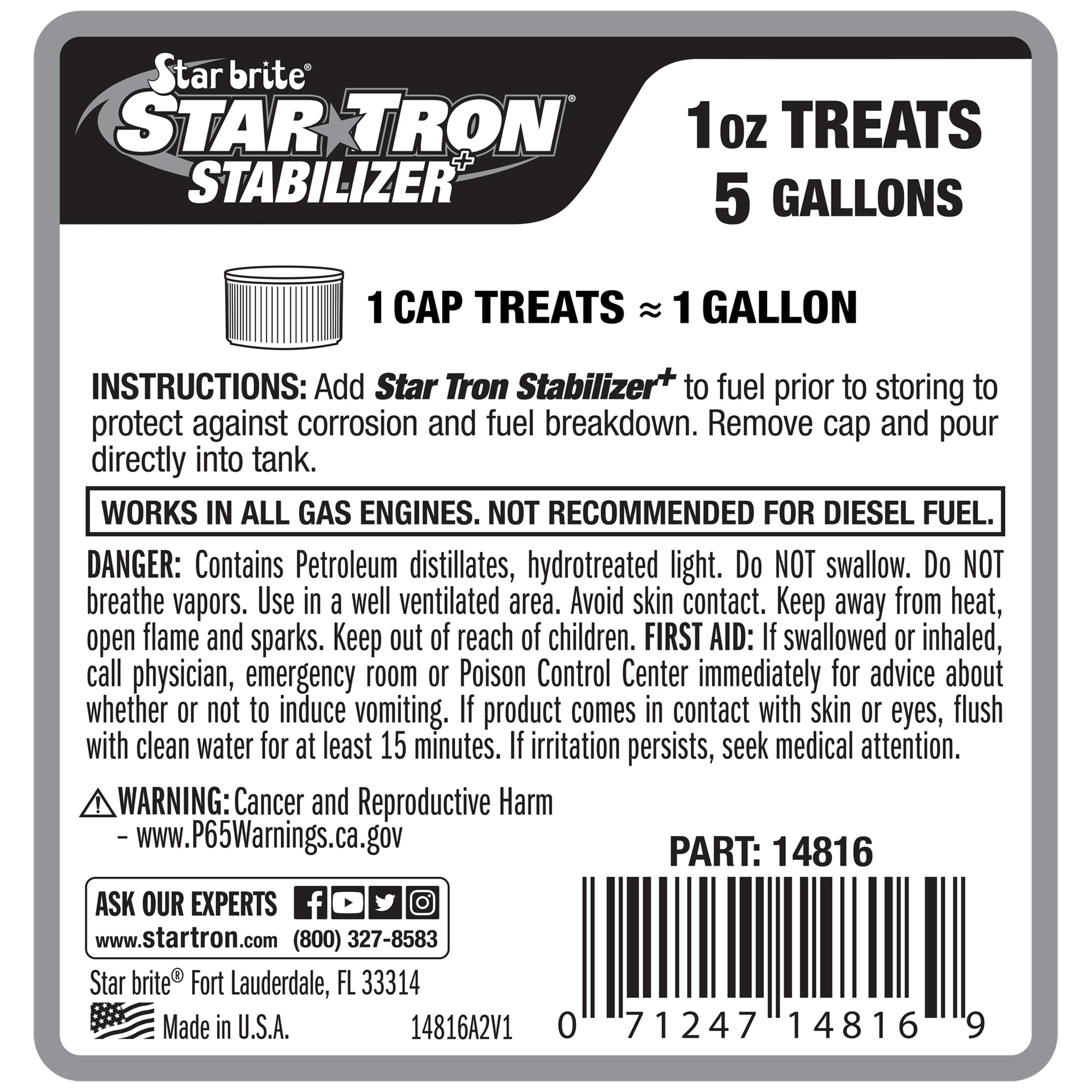 Stabilizer+ Star Tron Fuel Storage & Corrosion Protection, Treats 80 Gallons of Gas - Ideal for Motorcycles, Boats, Lawn Equipment, Classic Cars - 16 OZ (014816)
