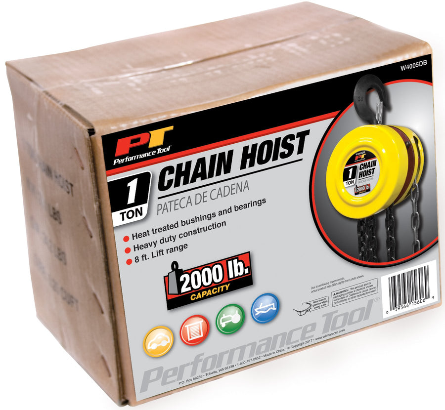 Heavy Duty Performance Tool W4005DB Chain Hoist for Vehicle Engine Maintenance, Yellow, 1-ton Capacity