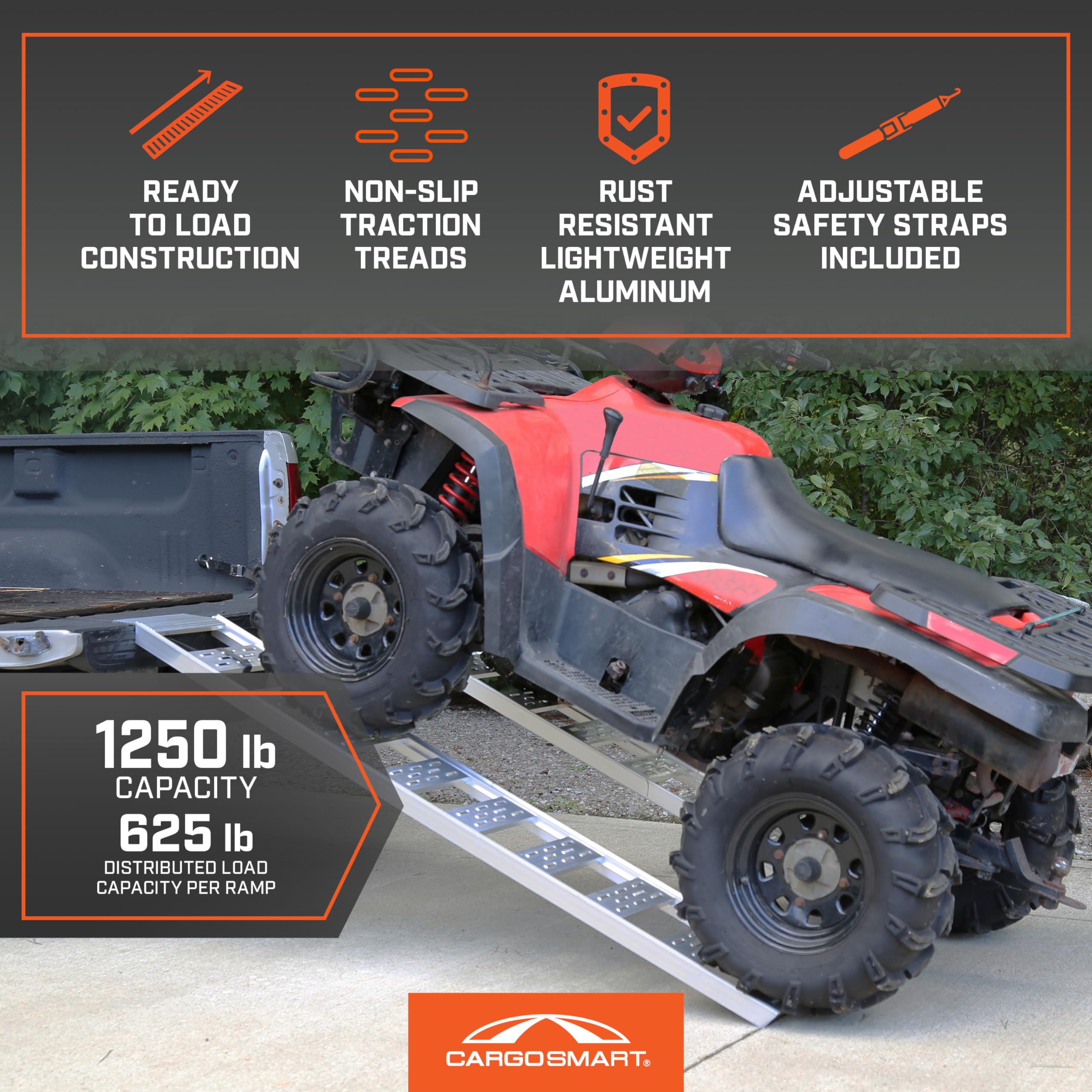 Aluminum Straight Fixed Ramp with Treads (2pk) CARGOSMART - Easily and Safely Load and Unload Light Equipment, Lawn Tractors, ATVs and More, 1,250 lb. Capacity, 12" W x 78" L
