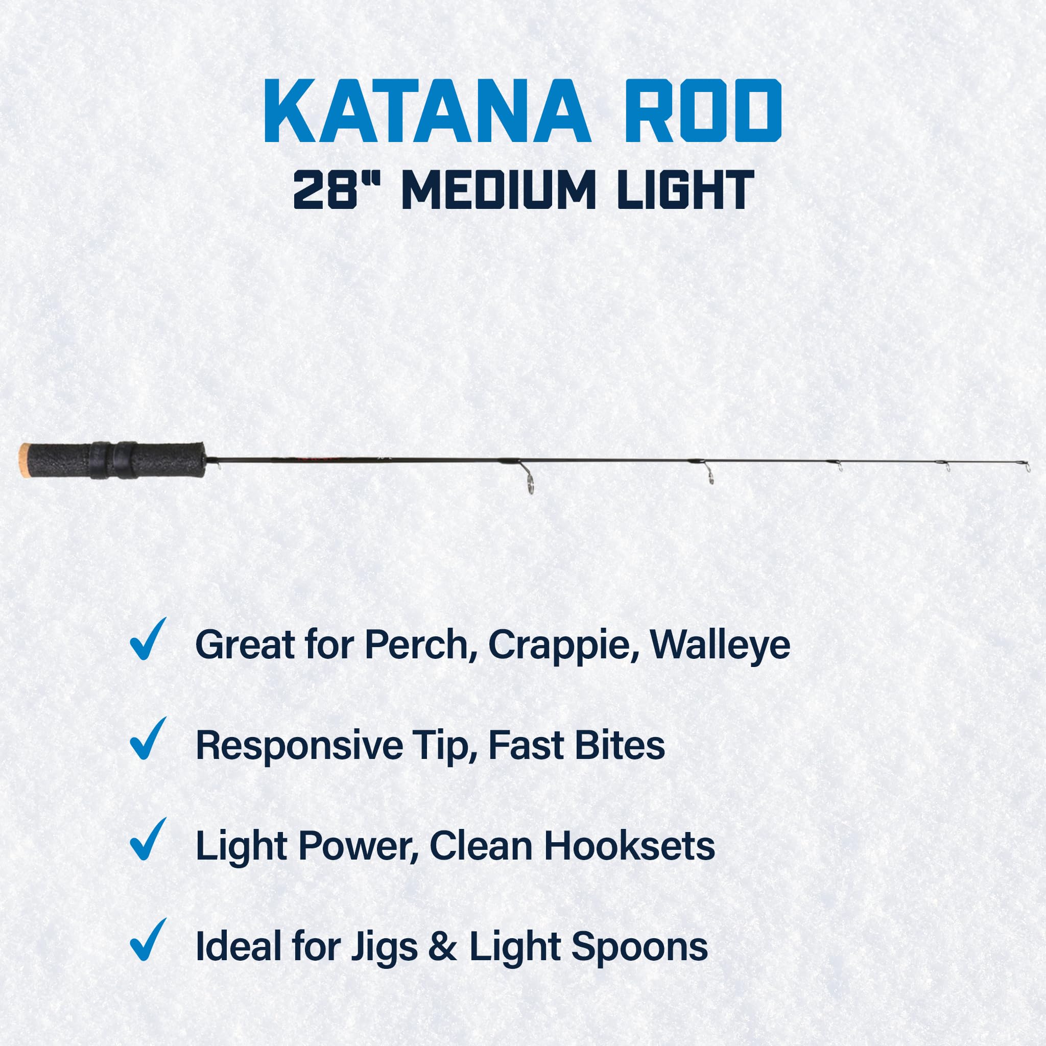 Katana Clam Ice Fishing Rod – 28” Medium Light – 30T Solid Graphite Blank with Tsuka Lightweight Handle, Oversized Fly Guides & Carbon Construction – Lightweight Rod for Panfish, Perch & Light Jigging