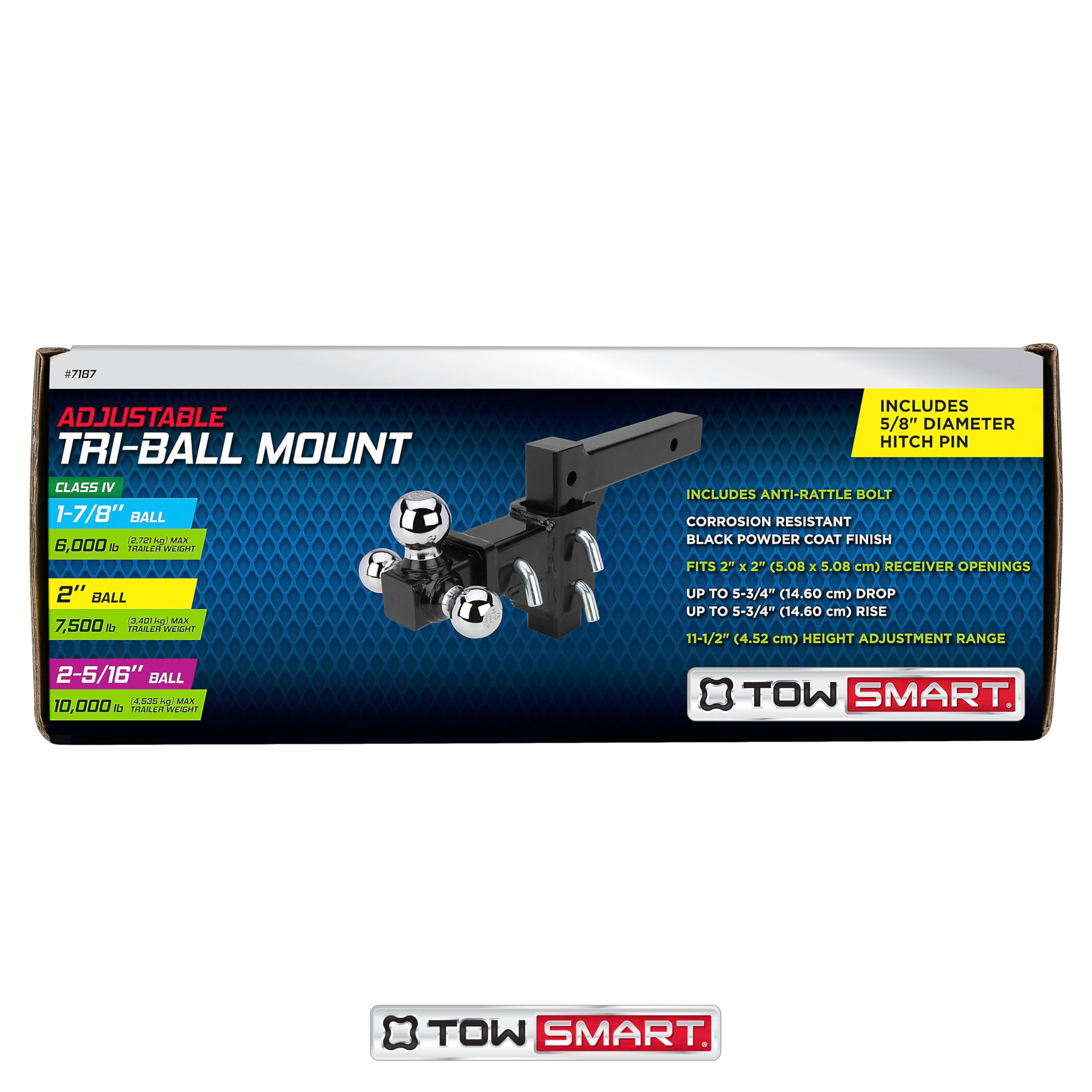 Adjustable TowSmart Tri-Ball Mount Hitch, 6,000-10,000 lbs Capacity, 2'' Receiver, 11.5'' Height Adjustment, Corrosion-Resistant, Fits Class III & IV