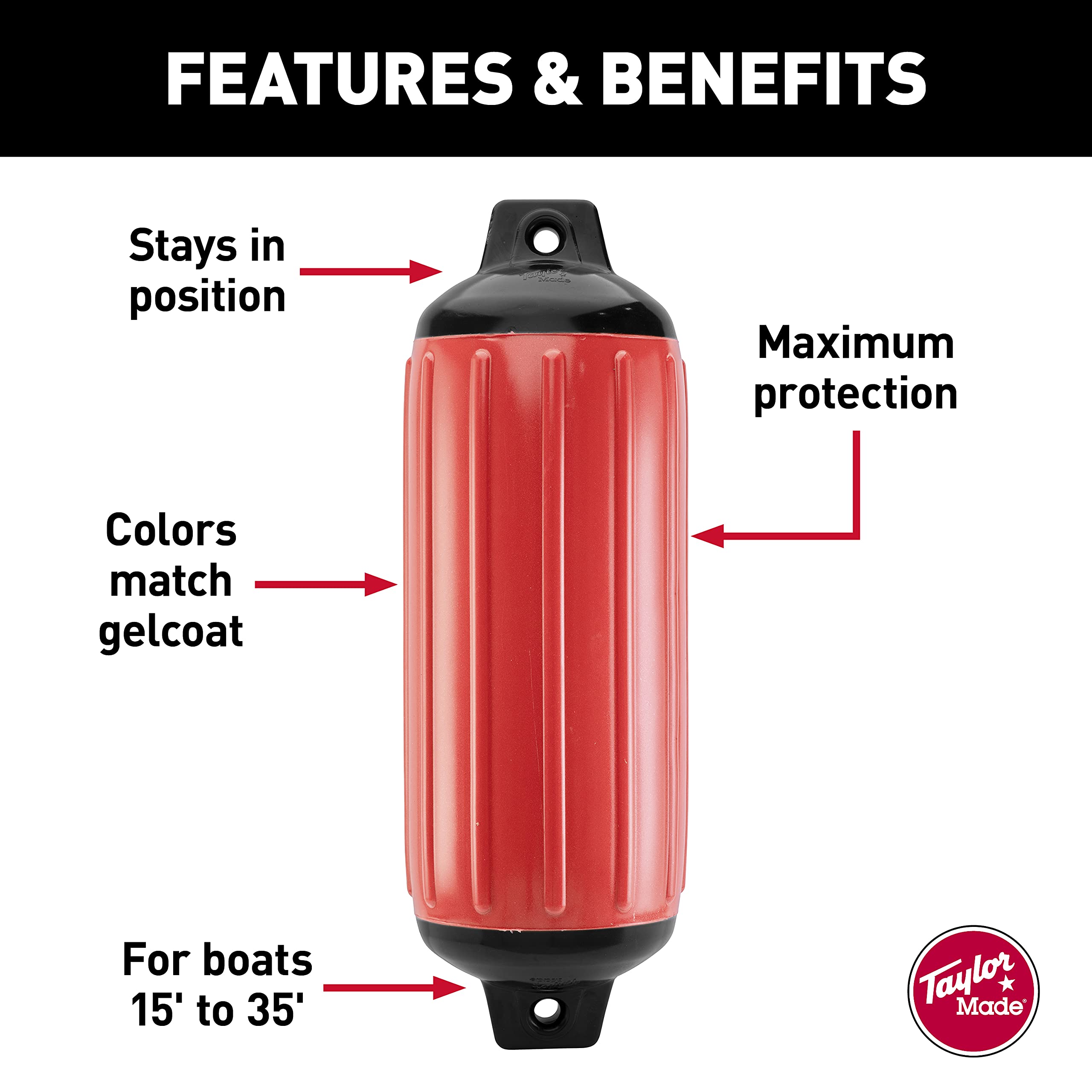Taylor Made Inflatable Super Gard Vinyl Boat Fender 5.5" x 20", Double-Molded Ends, Fits 5/8" Lines, for Boats 15-35', Ribbed Design, Rubber Football Needle Inflation, Ruby Red - 2020108272