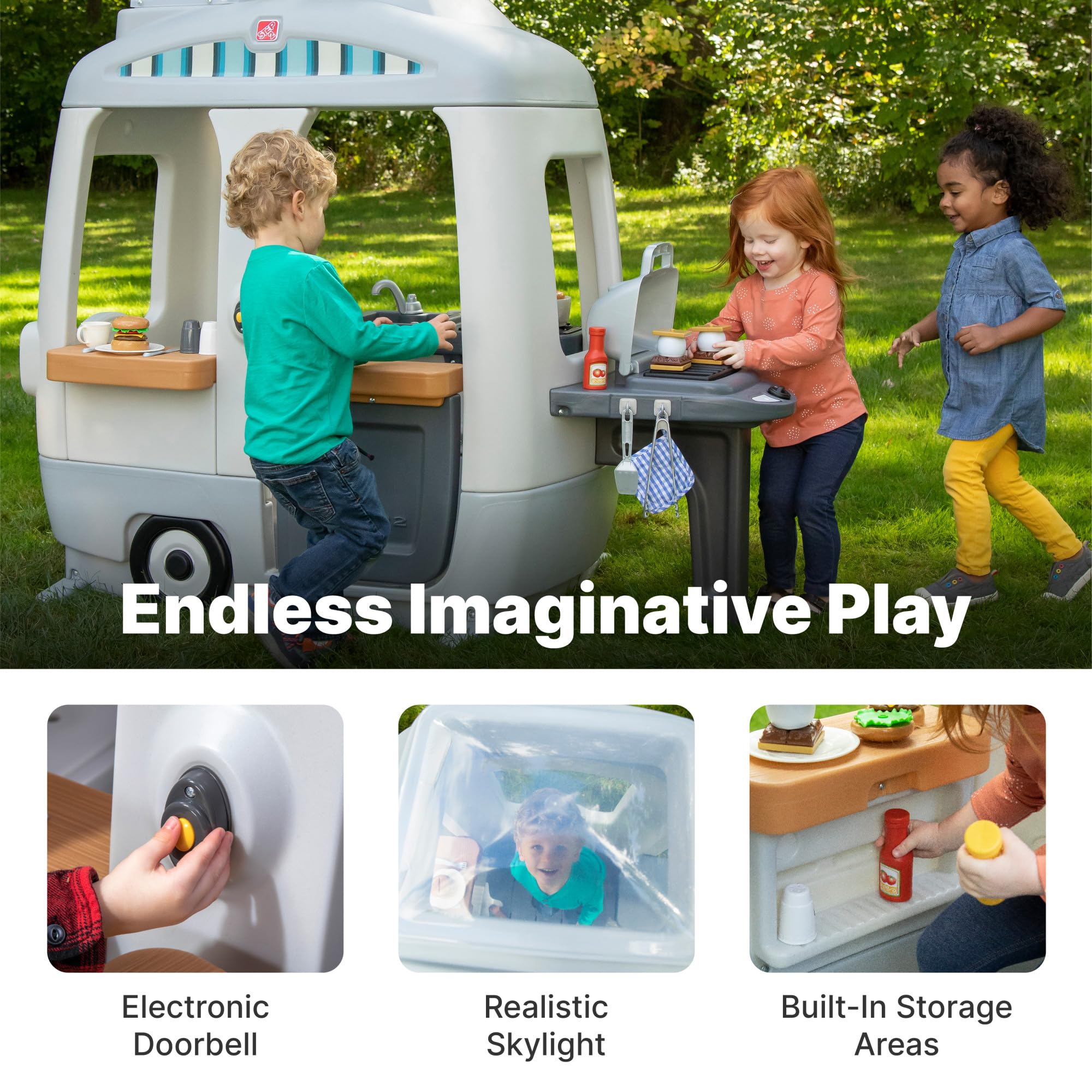 Step2 Kids Adventure Camper Playhouse, Indoor/Outdoor Playset with Kitchenette, Interactive Doorbell Sounds, 52-Piece Toy Accessories, Durable Plastic, For Toddlers 2+ Years