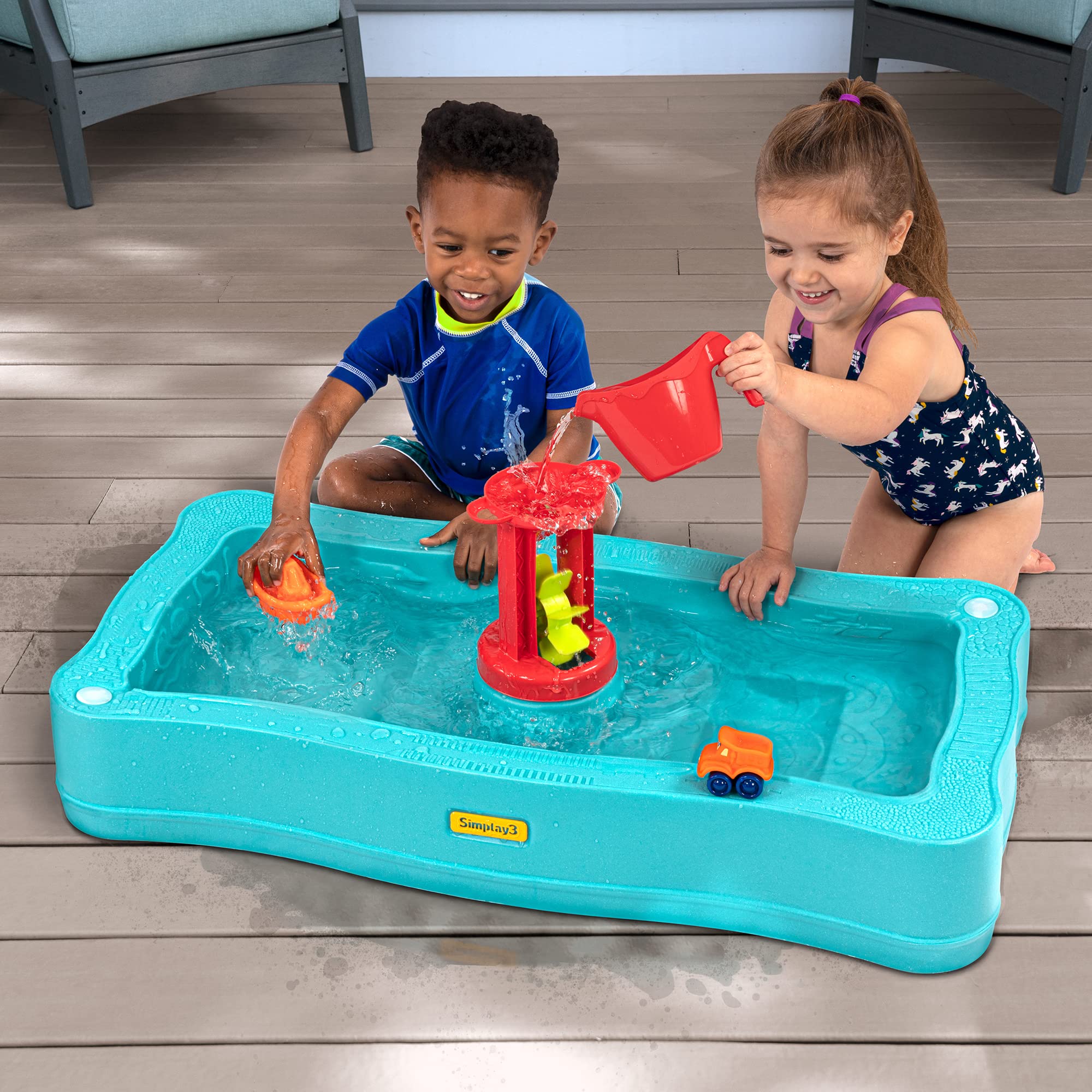 Simplay3 Ocean Drive Carry & Go 2-Sided Water Play Table for Kids with 4 Accessories - Indoor/Outdoor Toy Includes Waterwheel, Boat, Bucket, and Truck, Made in USA