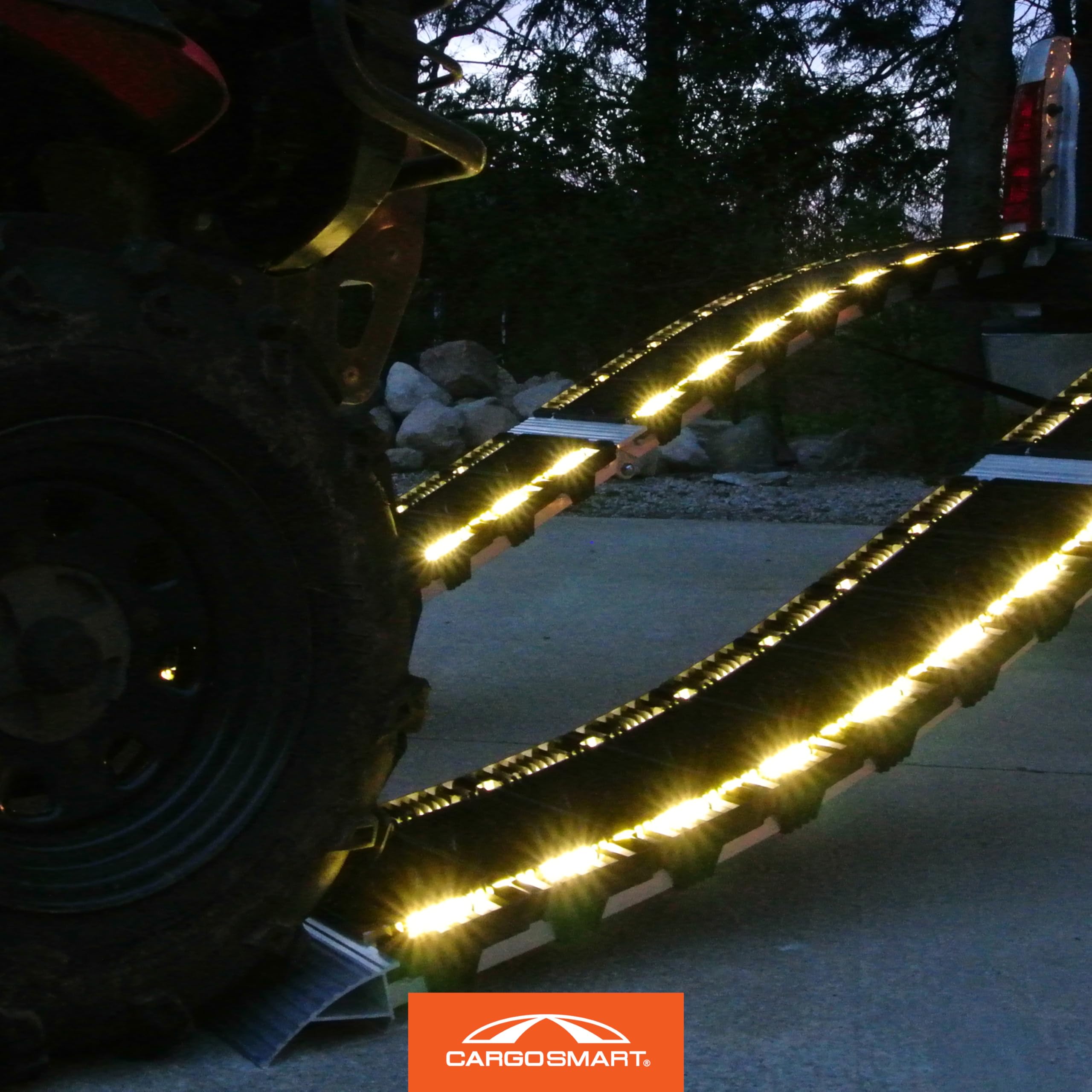 CargoSmart Hybrid LED S-Curve Centerfold Loading Ramp, 1 Pack — 1,500lb Per Pair Capacity, 12” W x 90” L — Aluminum Ramp with Built-in LED Lights, Load/Unload Lawn Equipment, Motorcycles, ATVs & More