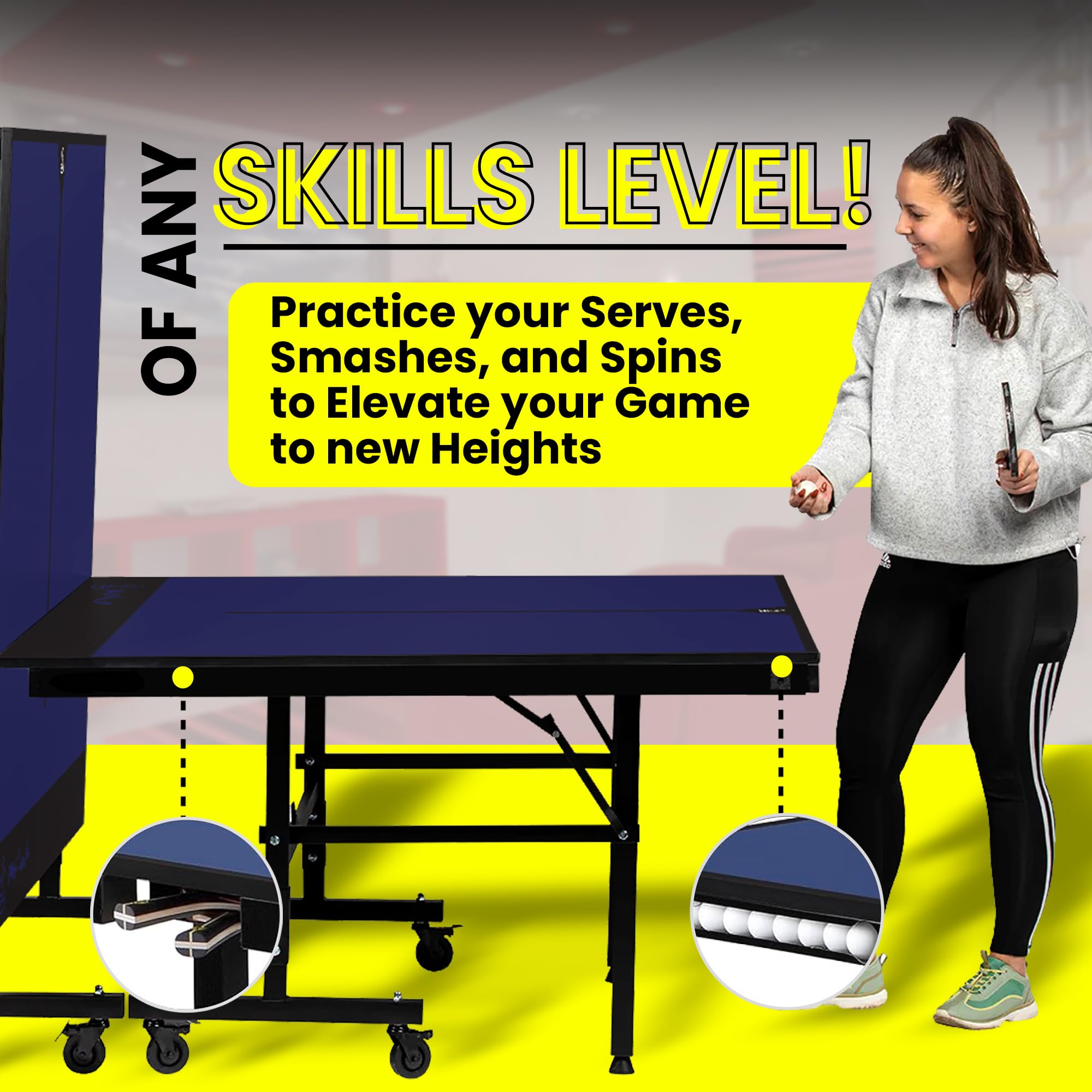 Ping Pong Table, Killerspin MyT 415X Mega, Foldable Table for Table Tennis, Portable Ping Pong Table Set with Built-in Paddle and Ball Storage, 25mm MDF Board Pingpongball Table - Deep Blue