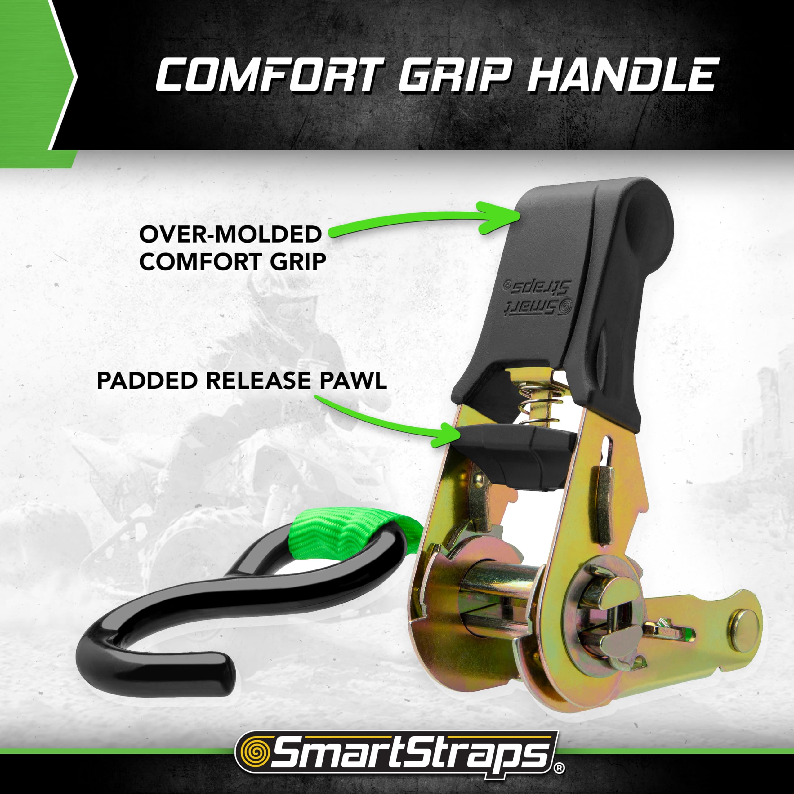 14’ SmartStraps Padded Ratchet Tie Down, 4 Pack — Standard Duty Tie-Down Straps — 1,500lb Break Strength, 500lb Safe Work Load — Haul Dirt Bikes, ATVs, and Mowers