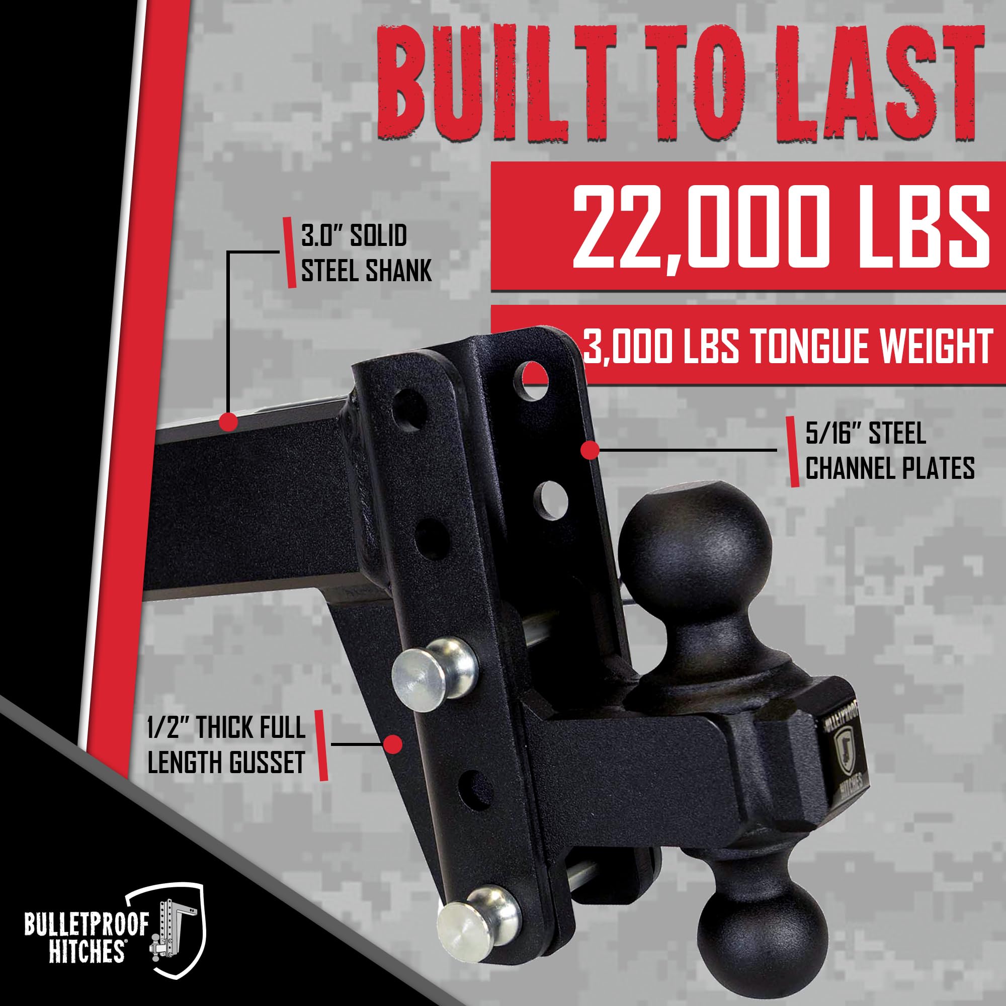 3.0" Adjustable Heavy Duty Trailer Hitch - BulletProof Hitches (22,000 lb. Rating) - 4" Drop/Rise Trailer Hitch with 2" & 2-5/16" Dual Ball - Powder Coat, Solid Steel, Corrosion-Resistant
