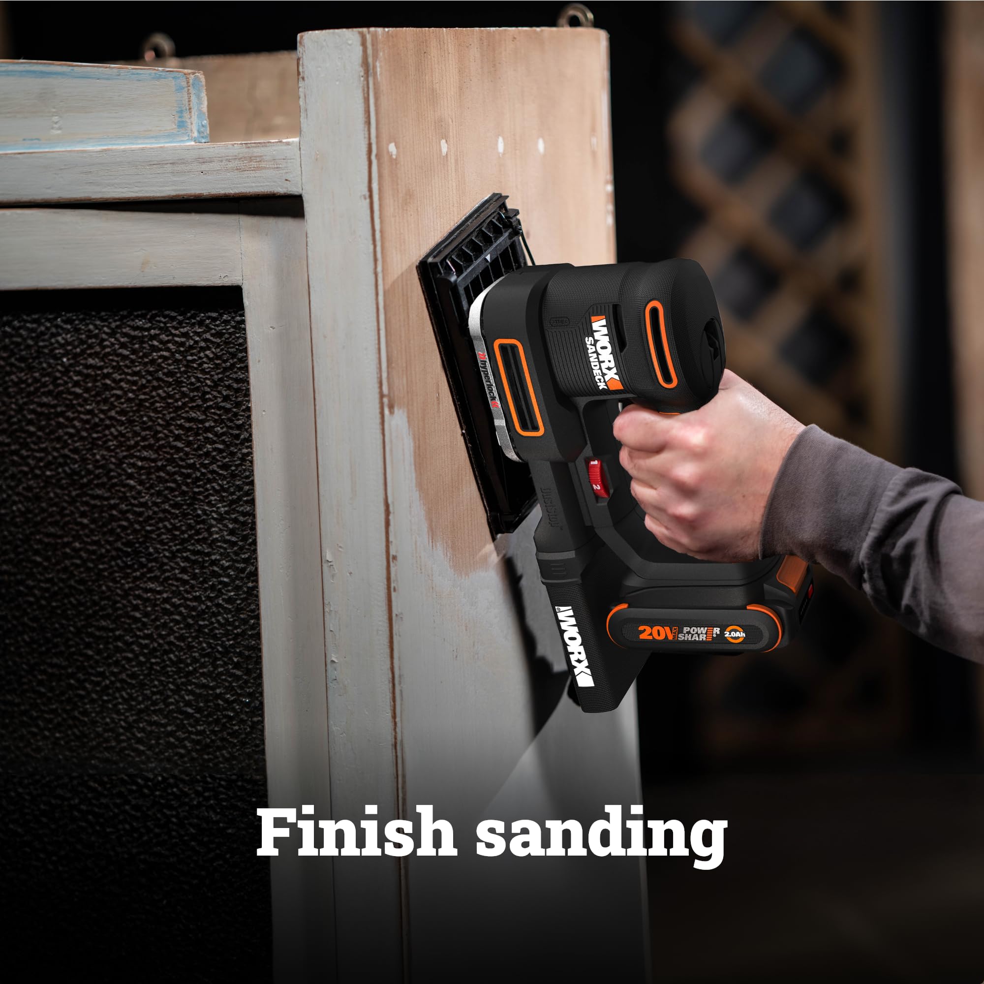 WORX 20V Cordless Sander, 10,000 orbits/minute Electric Sander, 5-in-1 Functions, Tool-less Sanding Pad Change, 20 V 2.0 Ah Battery and Charger Included, PowerShare