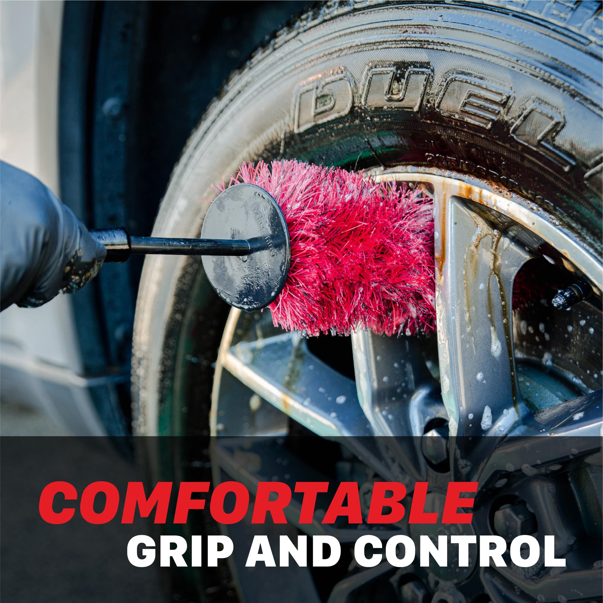 Wheel & Rim Brush Maxshine 10” (Red & Black) | Large Soft Bristle PP Material with Comfort Grip & Knuckle Guard | Scratch-Free Wheel Cleaning Brush | Universal Car Detailing Tool for Rims & Tires