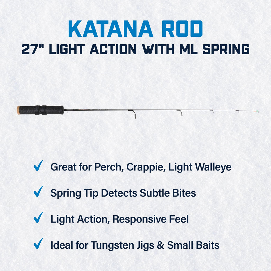 Katana CLAM 27” Light Action Ice Fishing Rod with Medium-Light Spring Bobber – Ideal for Perch, Crappie, and Smaller Walleye – High-Sensitivity Ice Rod for Precision Hooksets