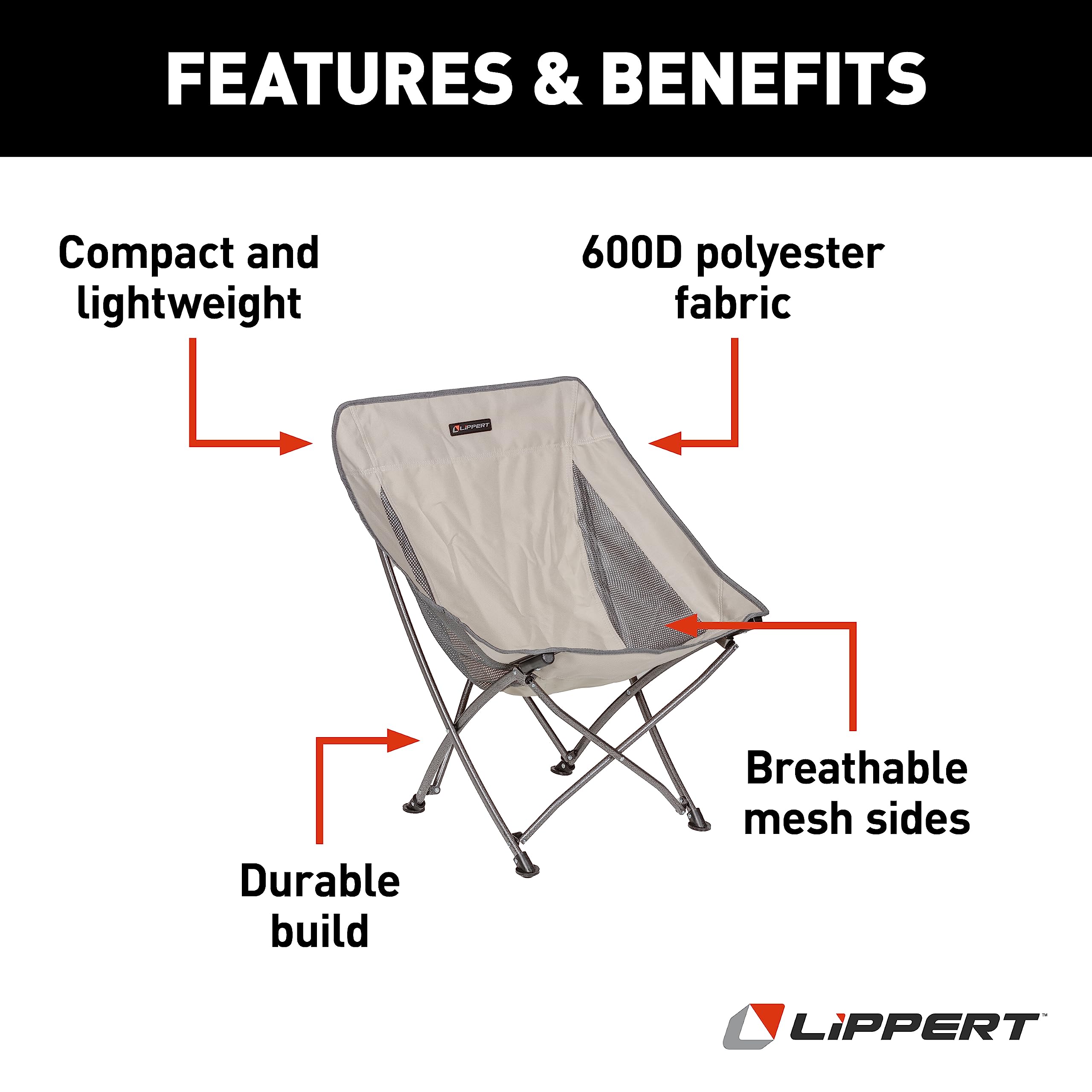 Lippert Baja Compact Camping Chair, Sand 600-Denier Polyester Fabric, Breathable Mesh Sides, Fold-up Steel Frame, Innovative Design for Ultimate Scoop Comfort - 2022120582