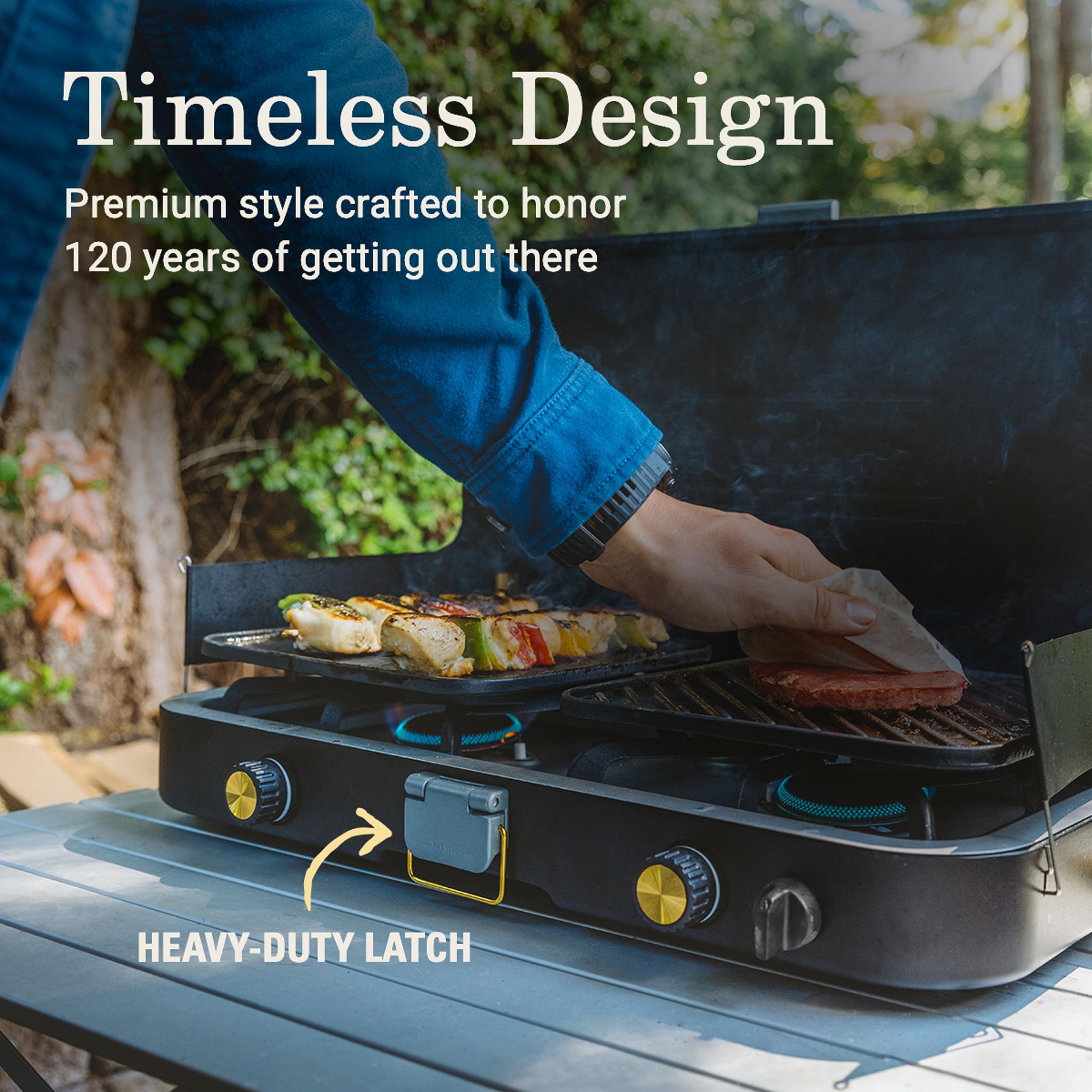 Coleman 3-in-1 Propane Camping Stove 1900 Collection, Cast Iron Grill & Griddle Accessories Included, 24,000 BTUs Across 2 Adjustable Burners with Wind Guards & Matchless Lighting