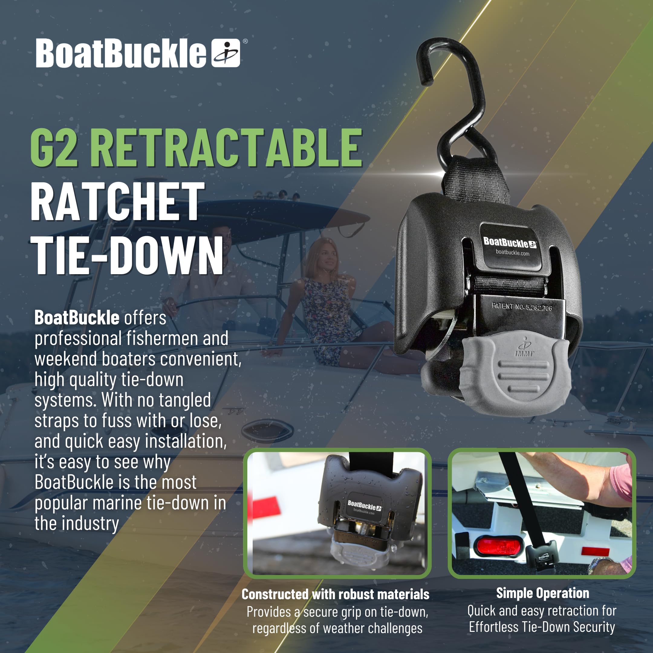 G2 BoatBuckle Retractable Tie-Down Transom (Black), 1 Pair, 2 x 43-Inch