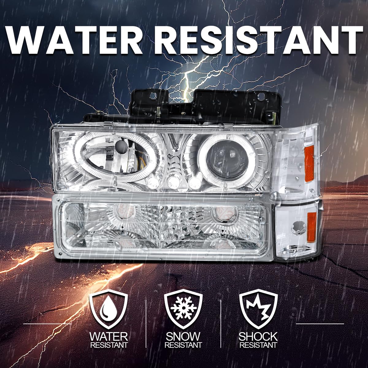 Halo Projector Headlights + Bumper Lights + Corner SPEC-D TUNING Compatible with 1994-1998 GMC C/K C10, Sierra, Yukon, Suburban Left + Right Pair Headlamps Assembly