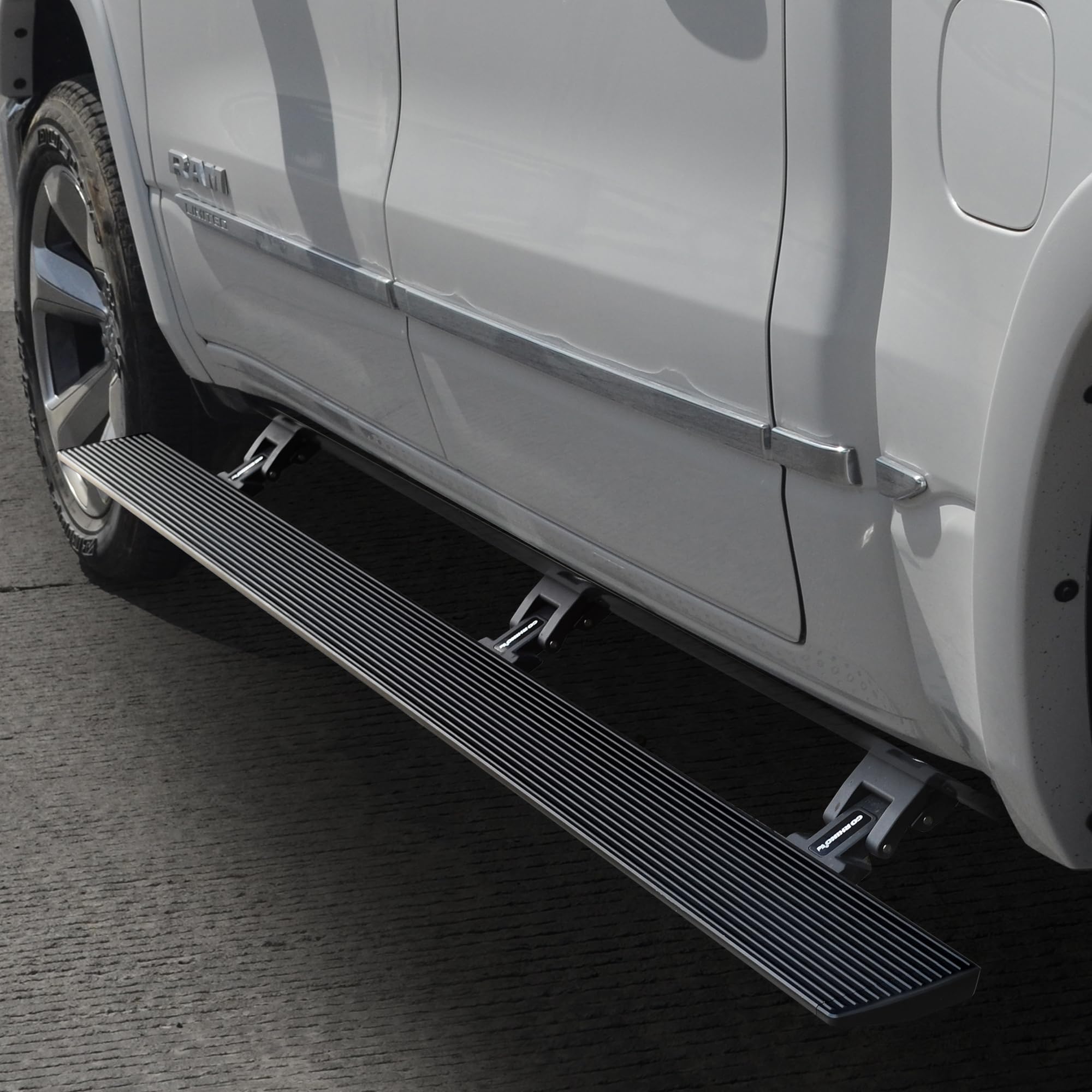 Volt Power Running Boards RealTruck for RAM 1500 (2019-2025) Quad Cab | Aluminum, Textured Black | 20436680PC | Electric Powerstep & Retractable Steps