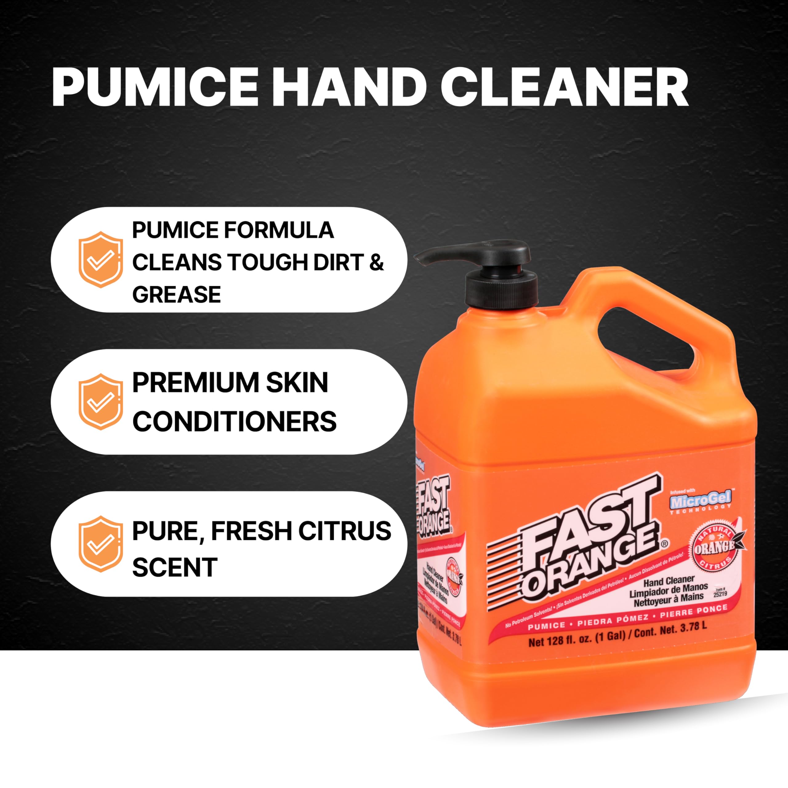 Pumice Lotion Fast Orange 25219, Heavy Duty Hand Cleaner, Natural Citrus Scent, Waterless Cleaner For Mechanics, Strong Grease Fighter, 1 Gallon