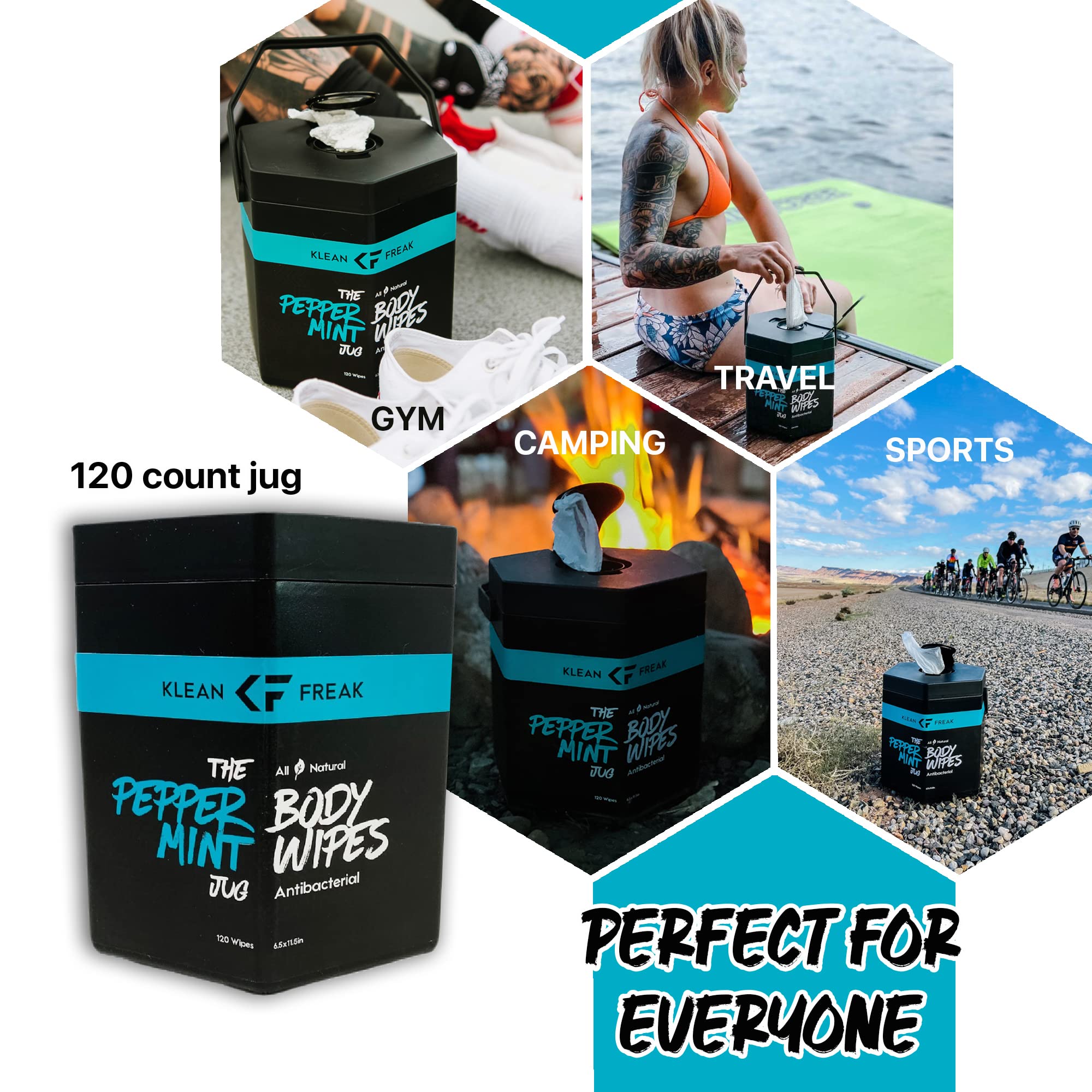 Klean Freak Body Wipes - Wipe Away Sweat and Odor for Face and Body, No Water, Large Textured, Travel, Gym, Camping and More, 120 Cnt Jug (Peppermint)