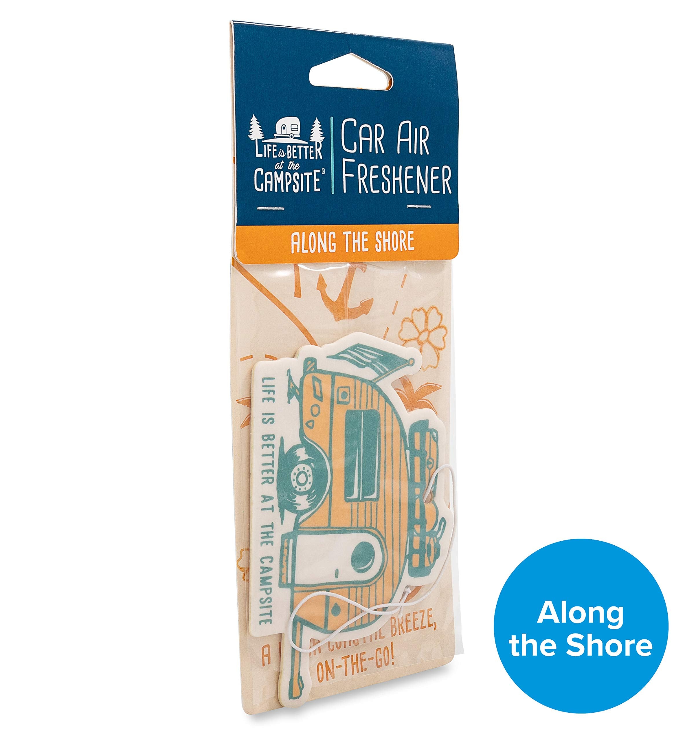 Camco Air Freshener Life is Better at The Campsite - Features Along the Shore Fragrance & Elastic Cord - Use in the Car or RV & Camper - Features Retro RV Design (53363)