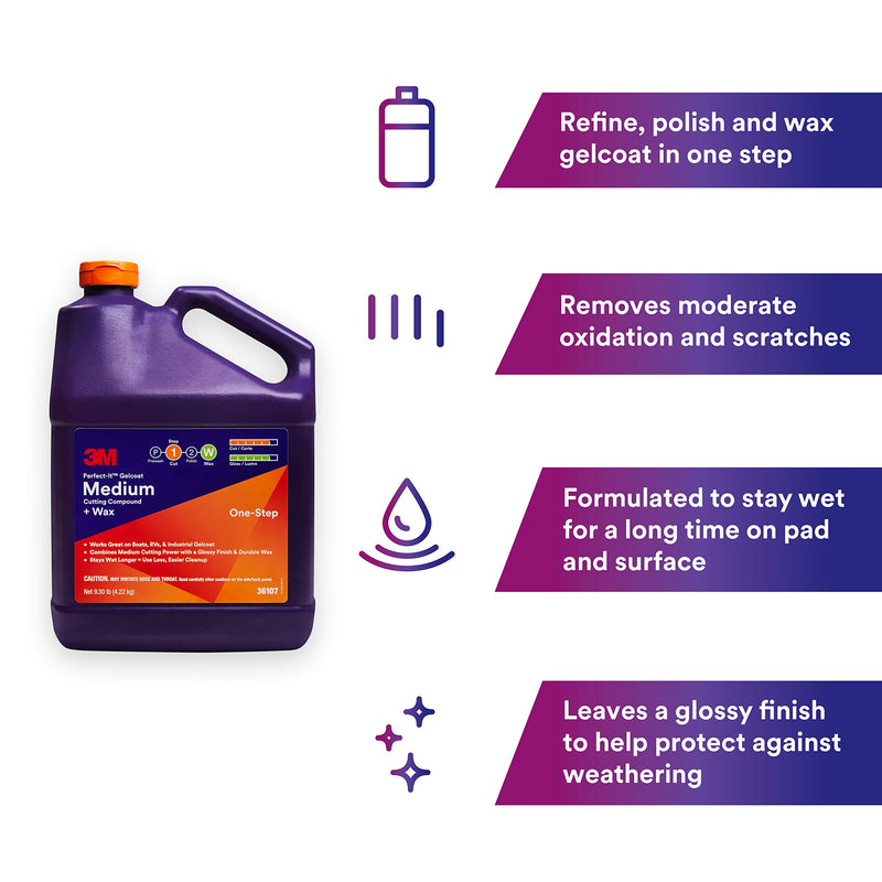 3M Perfect-It Medium Cutting Compound Gelcoat + Wax, 36107, 1 Gallon, One-Step Process, P1500 and Finer Scratches, Fiberglass Oxidation Remover for Boats and RVs