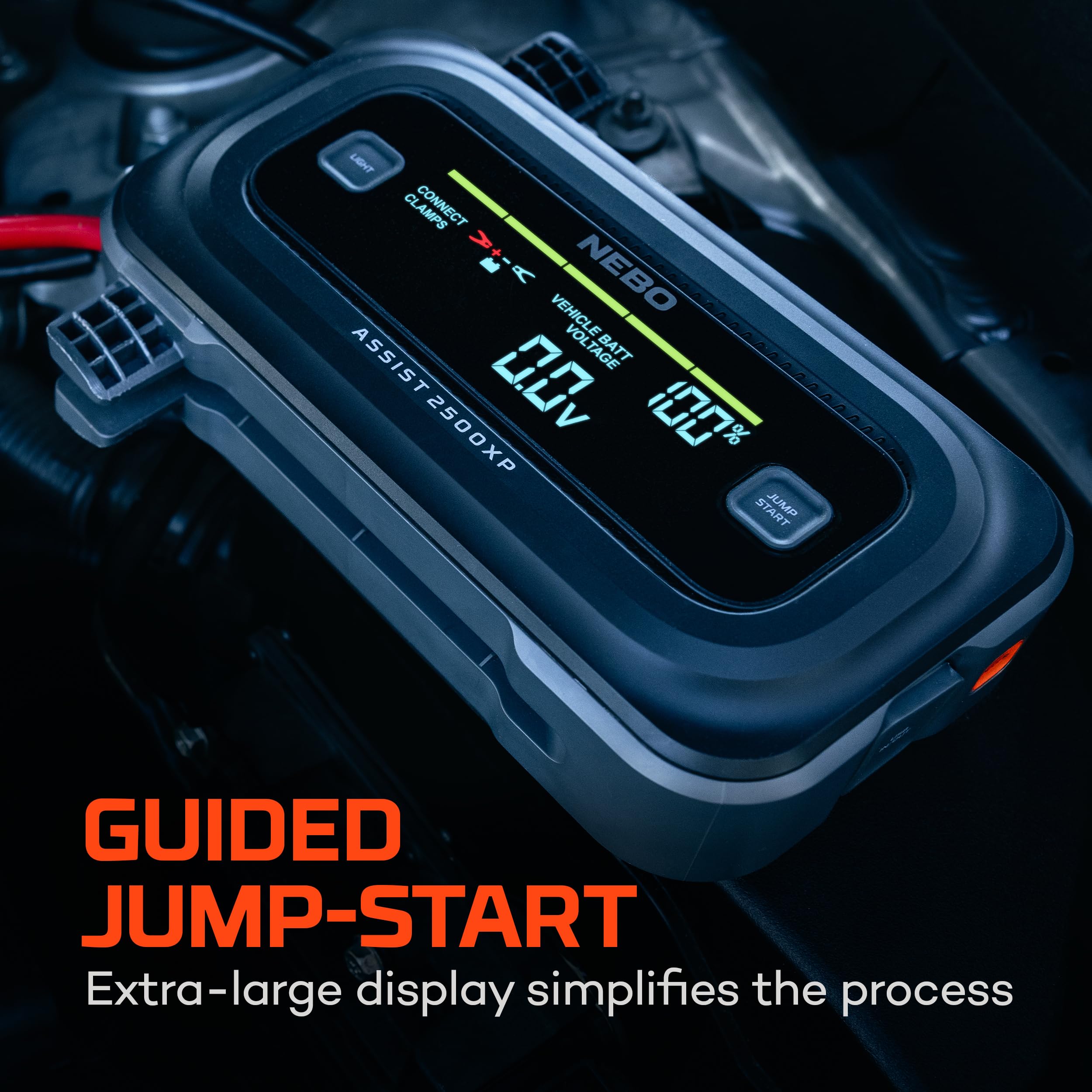 2500XP+ NEBO Assist Jump Starter | 3-in-1 2500 Amps Jump Starter, Charger, Illuminated Floodlight, USB Compatible, Automotive, Emergency, Spark-Proof Safety