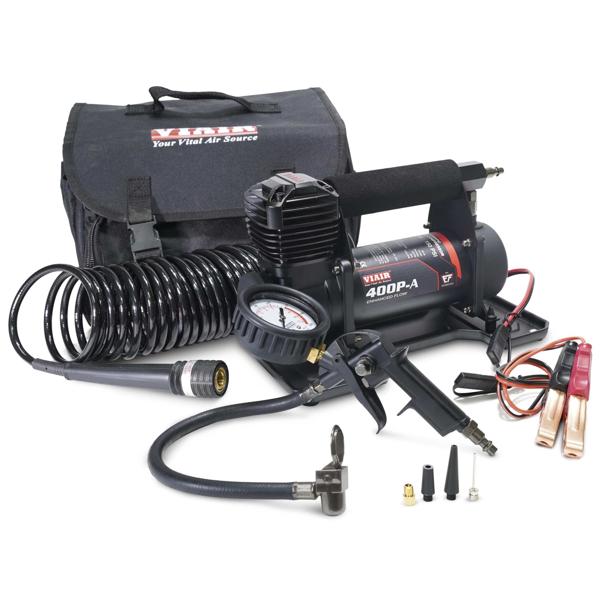 VIAIR Automatic Tire Inflator 400P-A EF Enhanced Flow - 40145 Portable Offroad Air Compressor for Truck & SUV | 12V On/Off Road Tire Pump Air Compressor | 150 PSI (SAE, Alligator Clips)