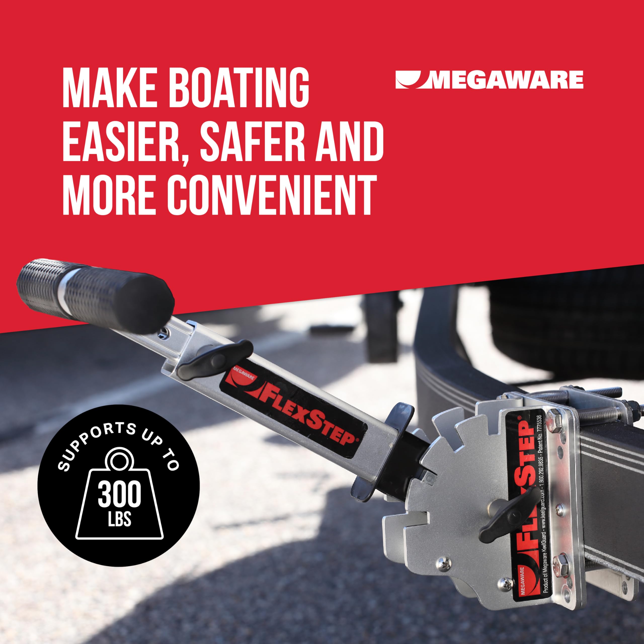 FlexStep Pro MEGAWARE KEELGUARD Boat Trailer Step, 16 Adjustable Positions, 300-lb Capacity, Lightweight Marine-Grade Aluminum, Mounts Easily, Non-Slip Grip, Quick Detach Feature for Storing