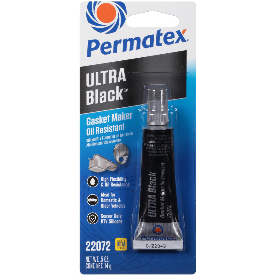 Permatex Ultra Black 22072 Maximum Oil Resistance RTV Silicone Gasket Maker, Sensor Safe And Non-Corrosive, For High Flex And Oil Resistant Applications 0.5 oz