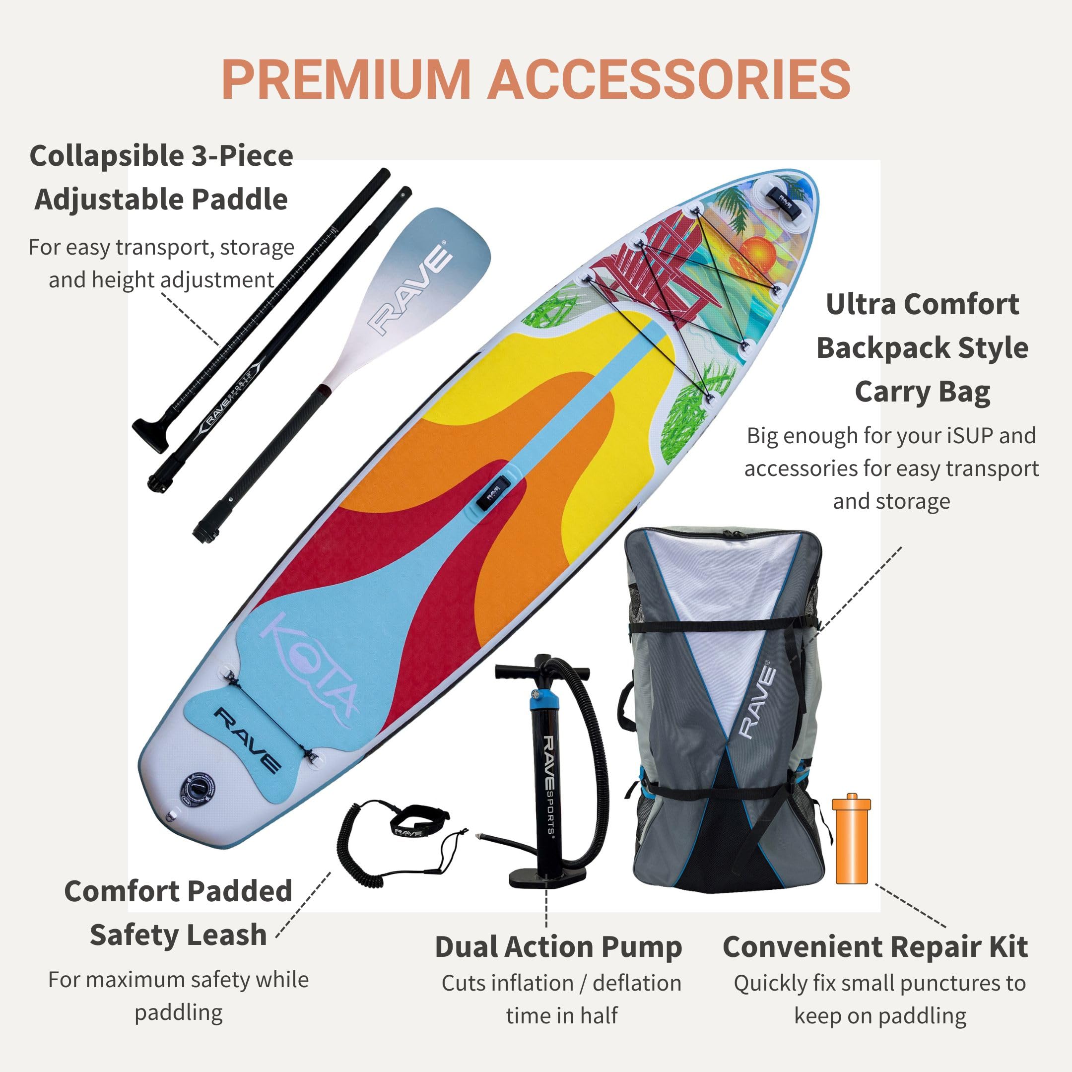Kota Series RAVE Sports Inflatable Stand Up Paddle Boards 11 ft 2 in with Premium SUP Paddle Board Accessories, Stable Design & Non-Slip Comfort Deck for Youth & Adults