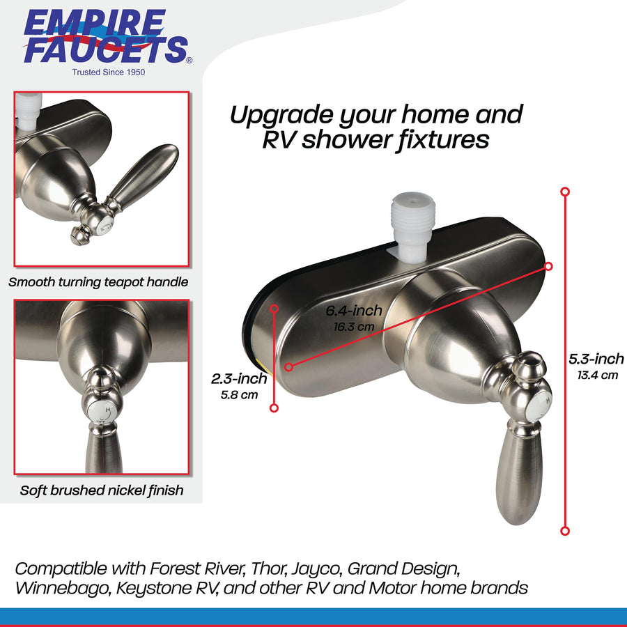 RV Shower Valve Kit Empire Faucets - 4 Inch Shower Diverter Valve and Vacuum Breaker Unit with Lever Handle, Nickel