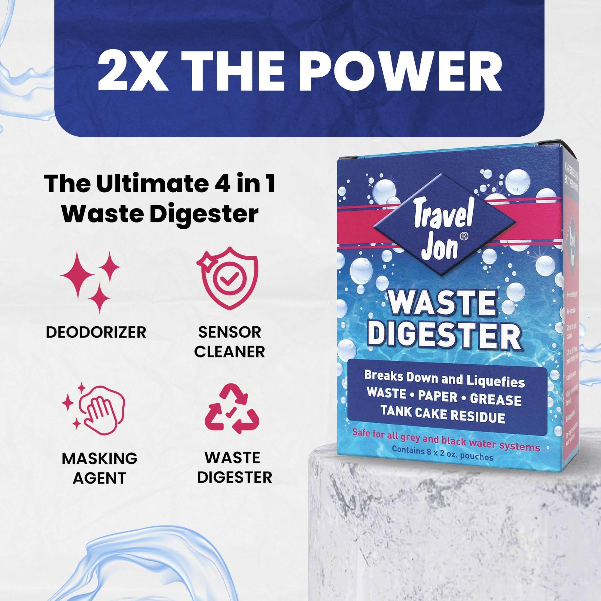 Travel Jon Waste Digester Black Tank Treatment RV - Extra-Strength Marine & RV Toilet Treatment | Liquifies Waste in Black & Gray Tanks - Odor Eliminator, Sensor Cleaner | Enzyme Drop Ins For Toilet