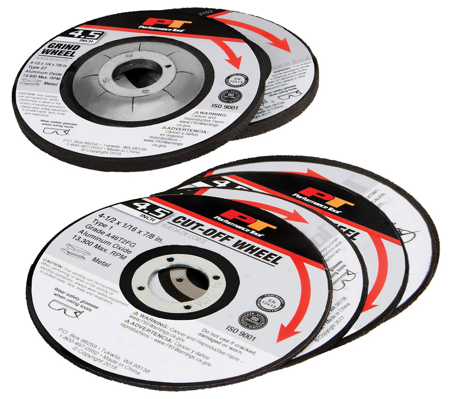 10pc Performance Tool W50007 4.5" Abrasive Wheel Set for Cutting and Grinding, Perfect for DIY and Professional Use - Durable and Long-Lasting