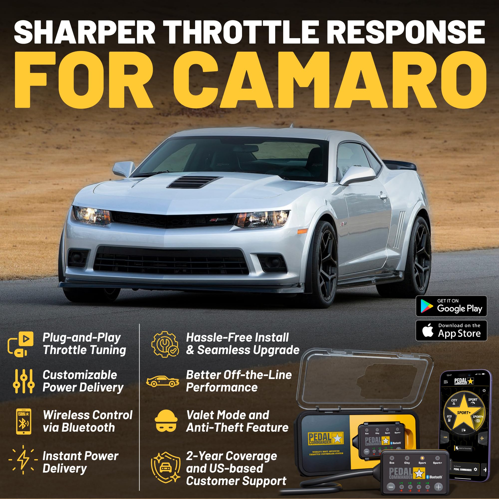 Throttle Response Controller PEDAL COMMANDER Compatible with Chevrolet Camaro 2010-2015, Plug-and-Play, 4 Modes 36 Sensitivity Levels, App Control Anti-Theft, Performance Upgrade, Camaro Accessories