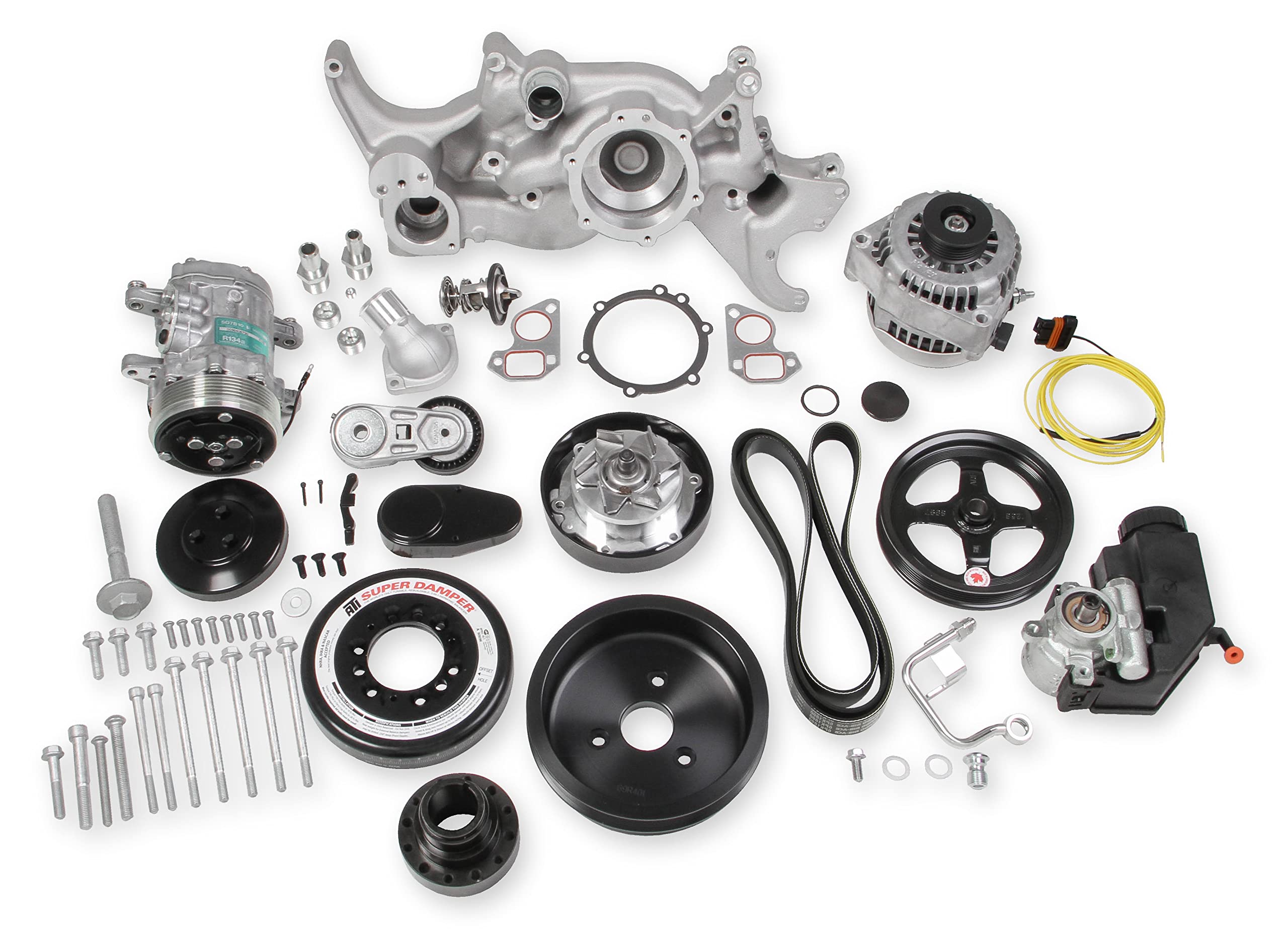 Holley Complete LS Swap Front Accessory Serpentine Drive System | Mid-Mount with Water Pump, SFI Damper, Alternator, A/C & Power Steering | Gen III/IV 4.8/5.3/LS1/LS2/LS3/LS6 Natural Finish 20-180